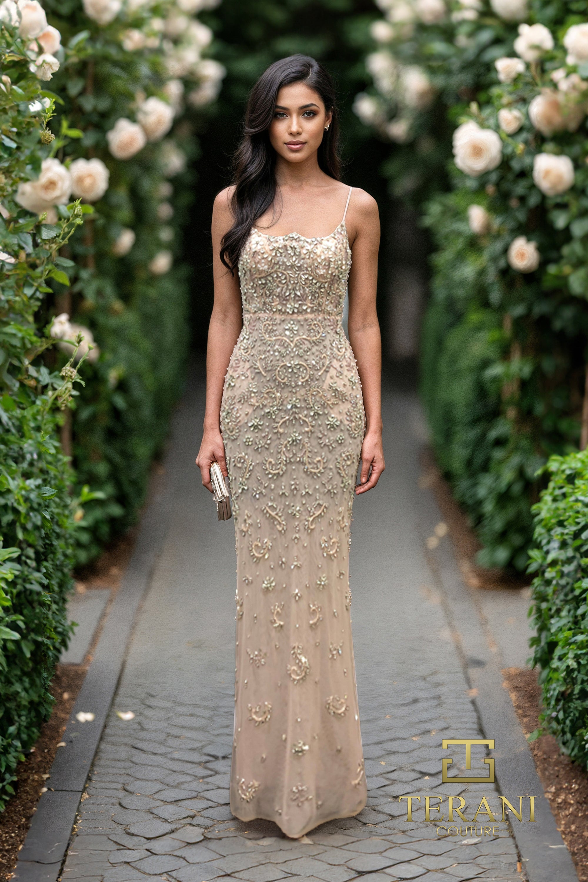 Scoop Neck Beaded Tulle Sheath Gown - 261GL6366