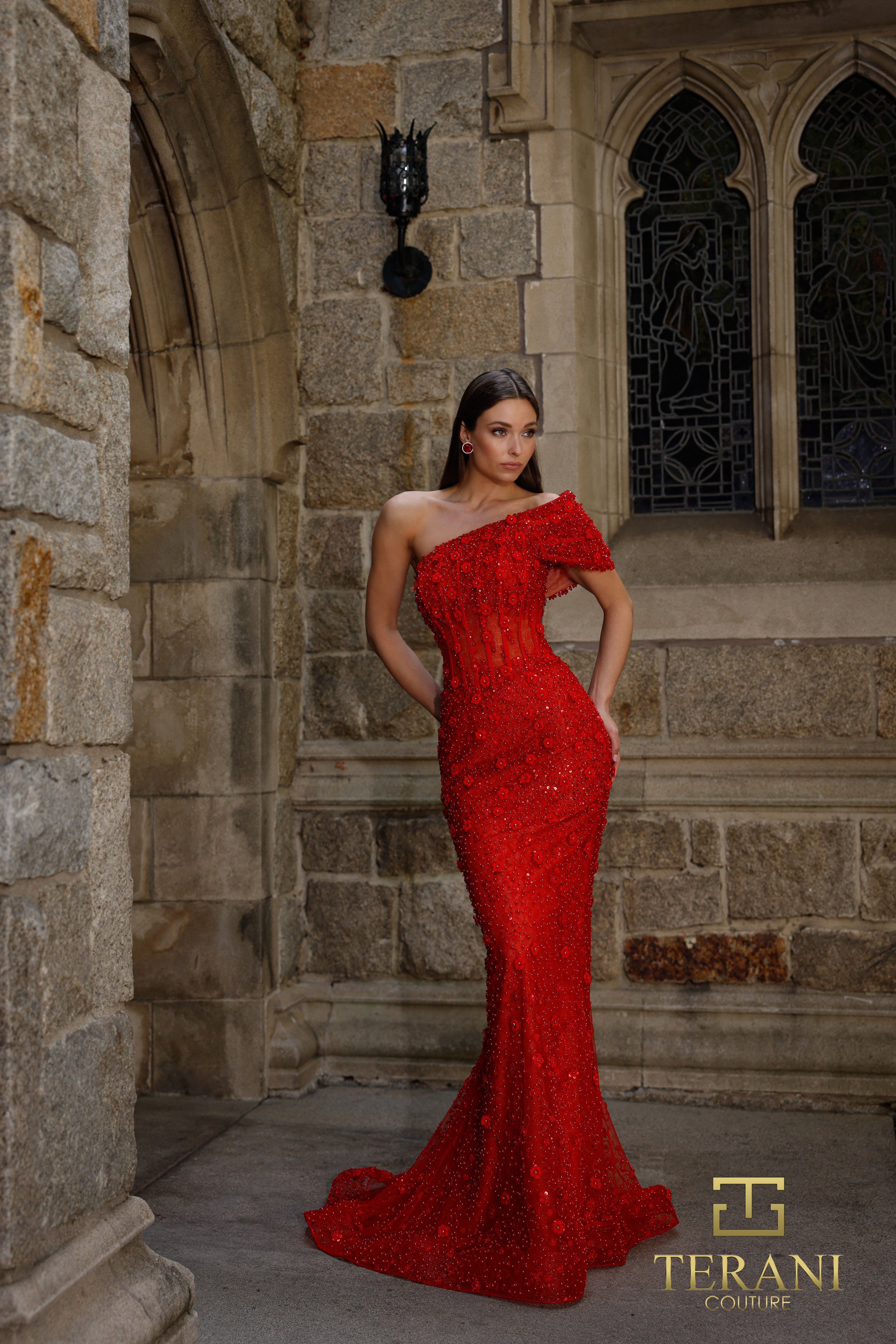 Asymmetric Off-Shoulder Beaded Tulle Sheath Gown with Cap Sleeve - 261GL6756