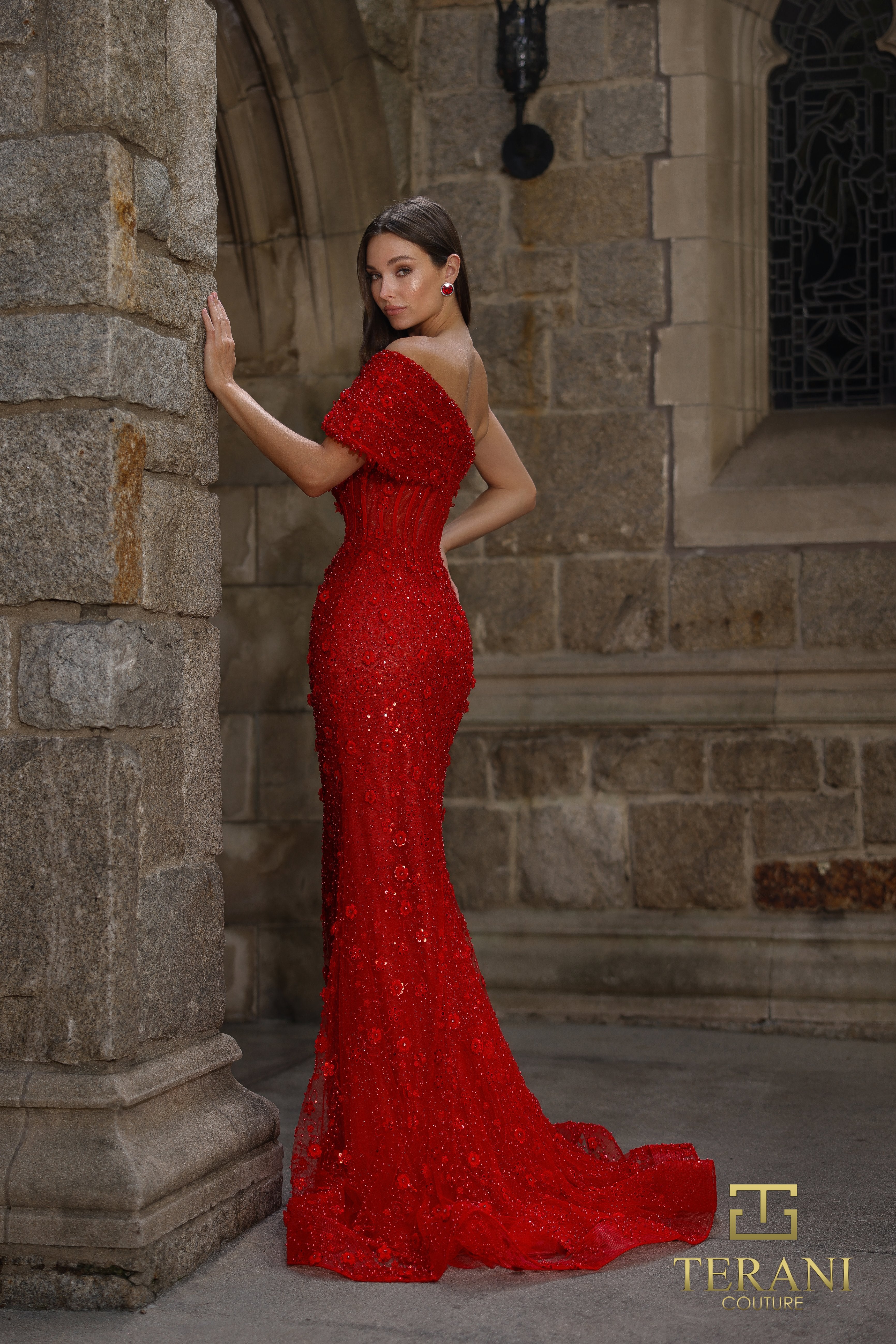 Asymmetric Off-Shoulder Beaded Tulle Sheath Gown with Cap Sleeve - 261GL6756