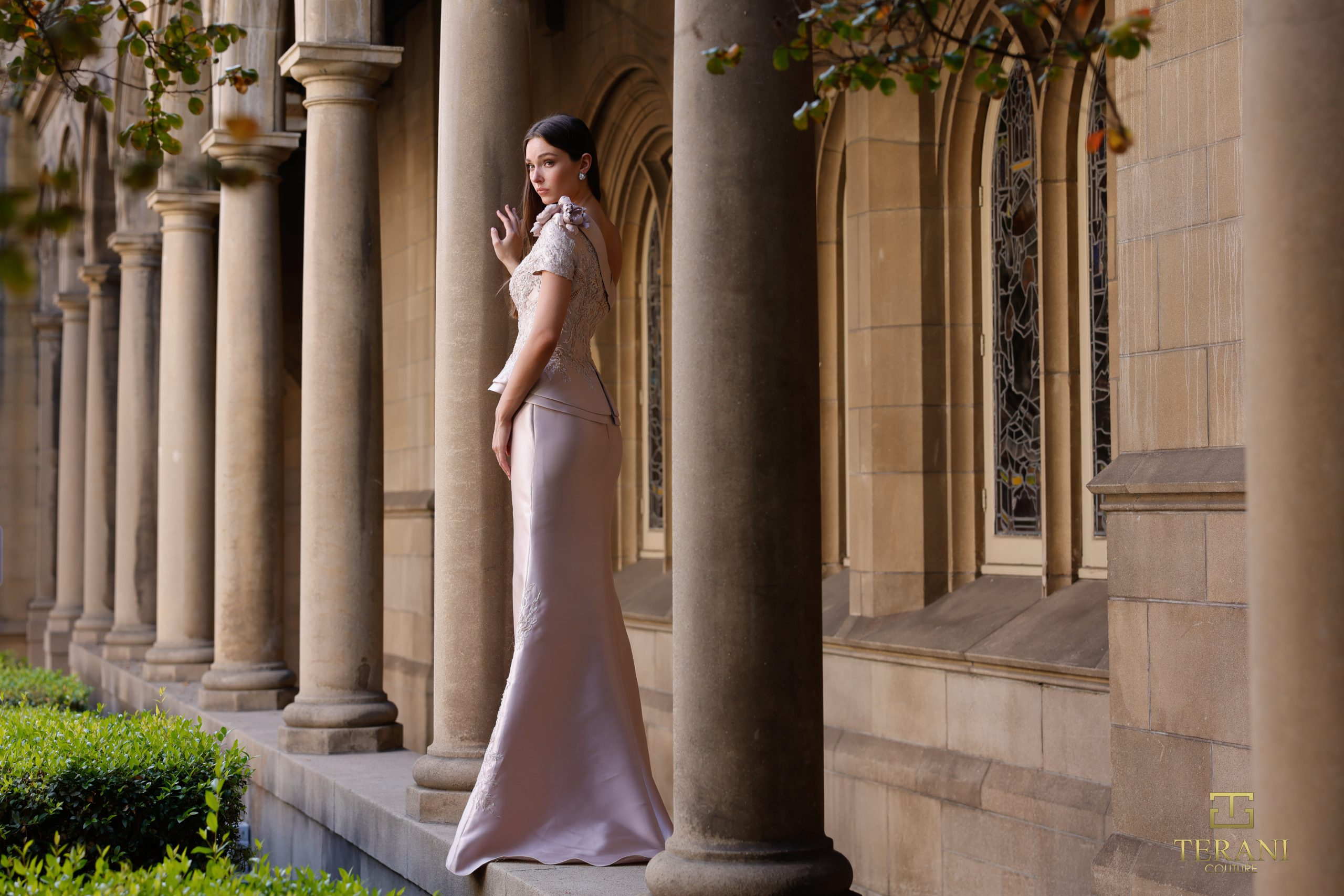 Asymmetric One-Shoulder Mikado & Lace Sheath Gown with Peplum