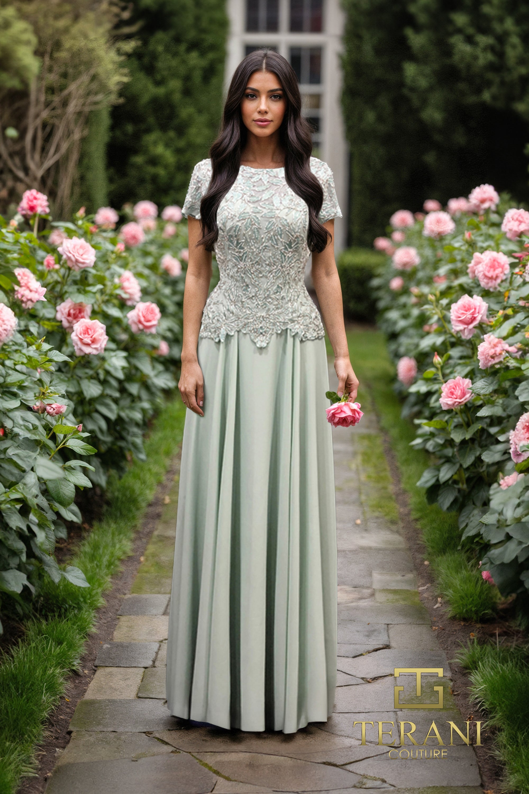 High Round Neck Chiffon A-Line Gown with Cap Sleeves - 261M6437
