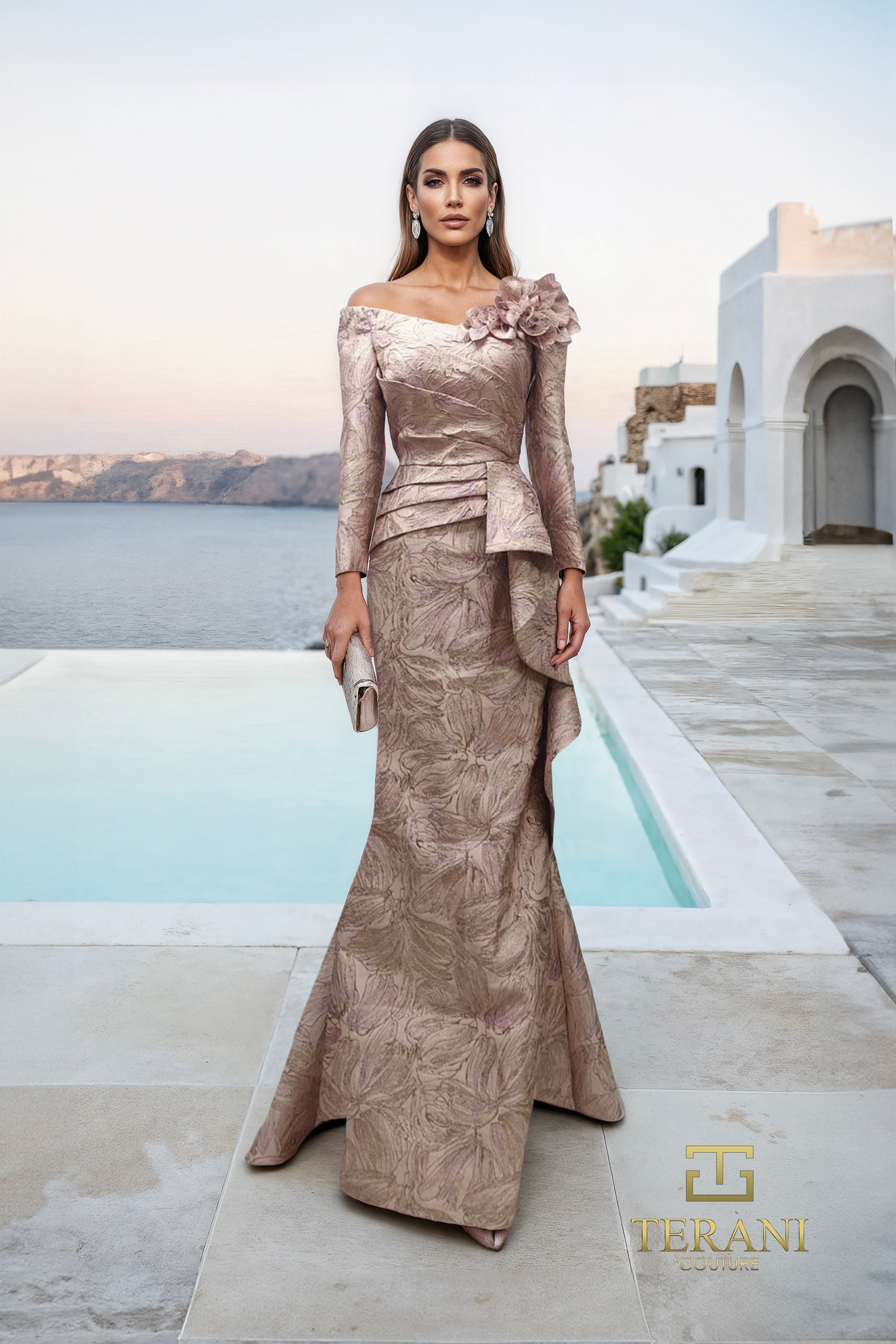 Off-Shoulder Jacquard Trumpet Gown with Long Sleeves - 261M6448