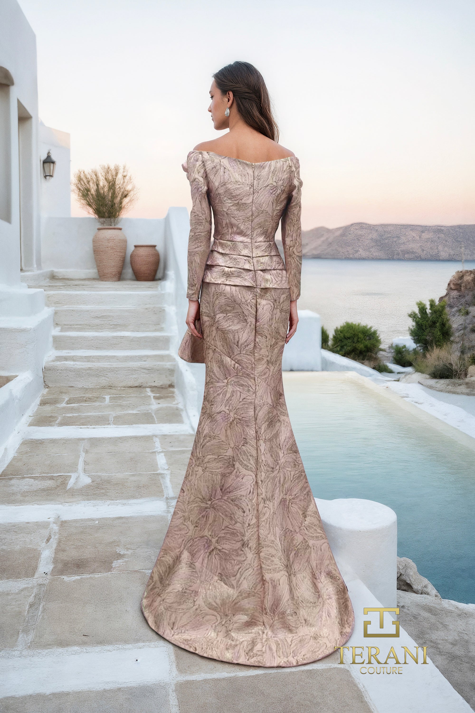 Off-Shoulder Jacquard Trumpet Gown with Long Sleeves - 261M6448