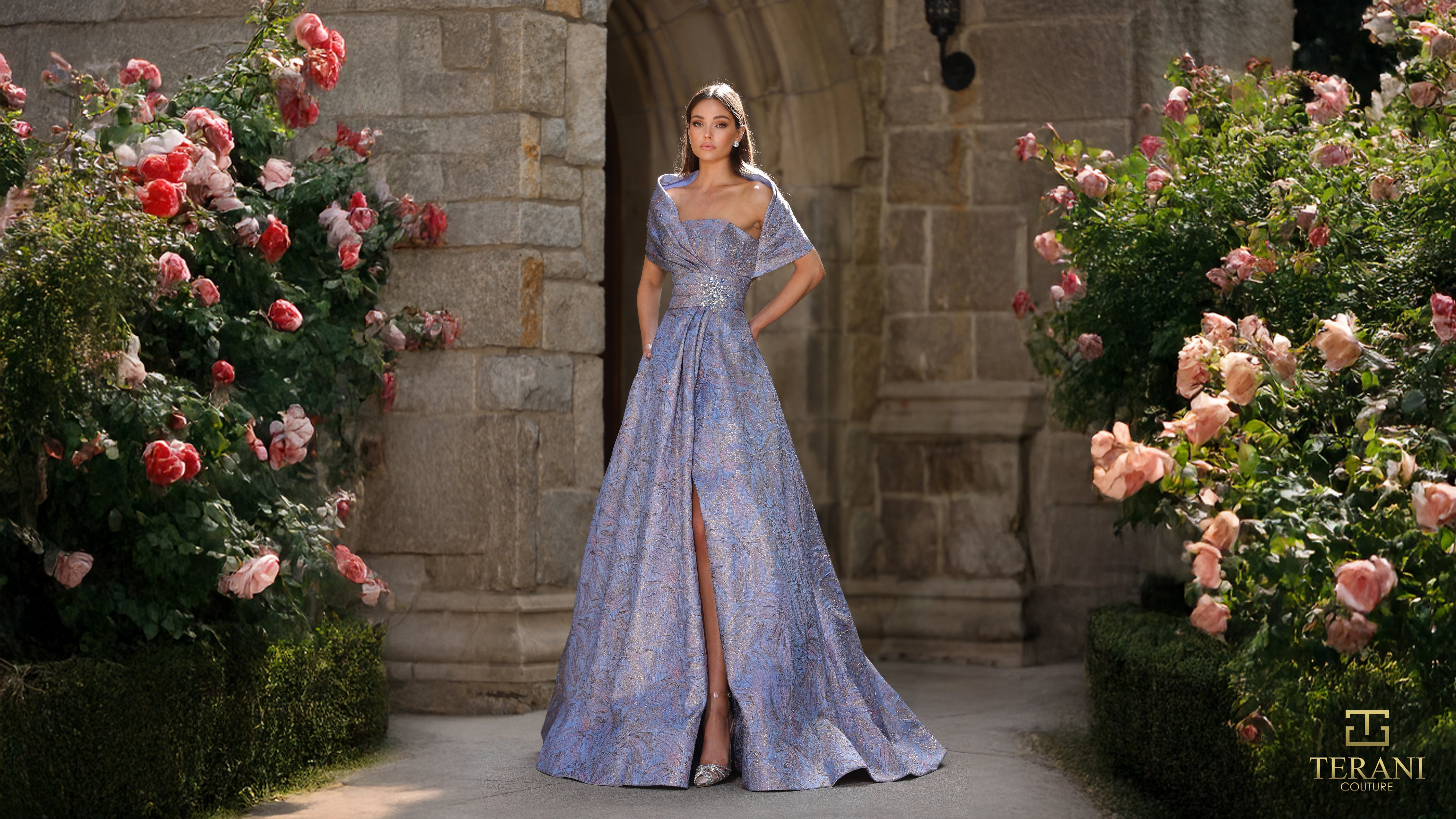 Off-Shoulder Jacquard A-Line Ballgown with Shawl Sleeves - 261M6453