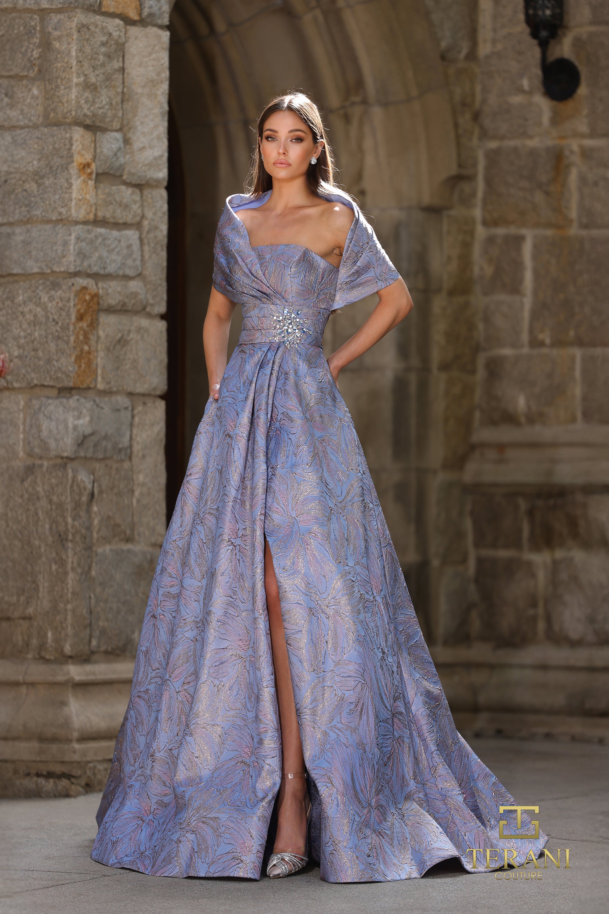 Off-Shoulder Jacquard A-Line Ballgown with Shawl Sleeves - 261M6453