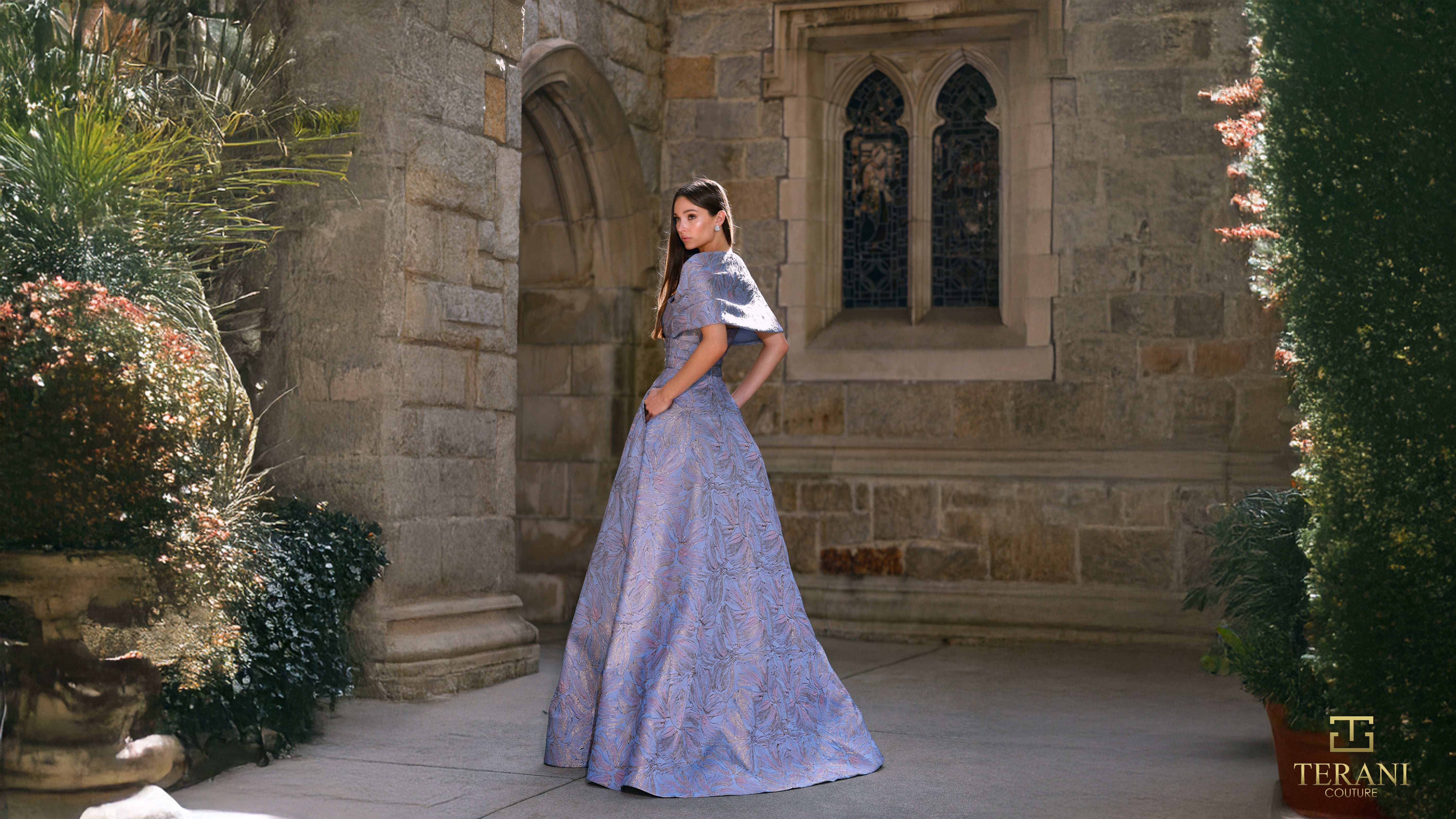 Off-Shoulder Jacquard A-Line Ballgown with Shawl Sleeves - 261M6453