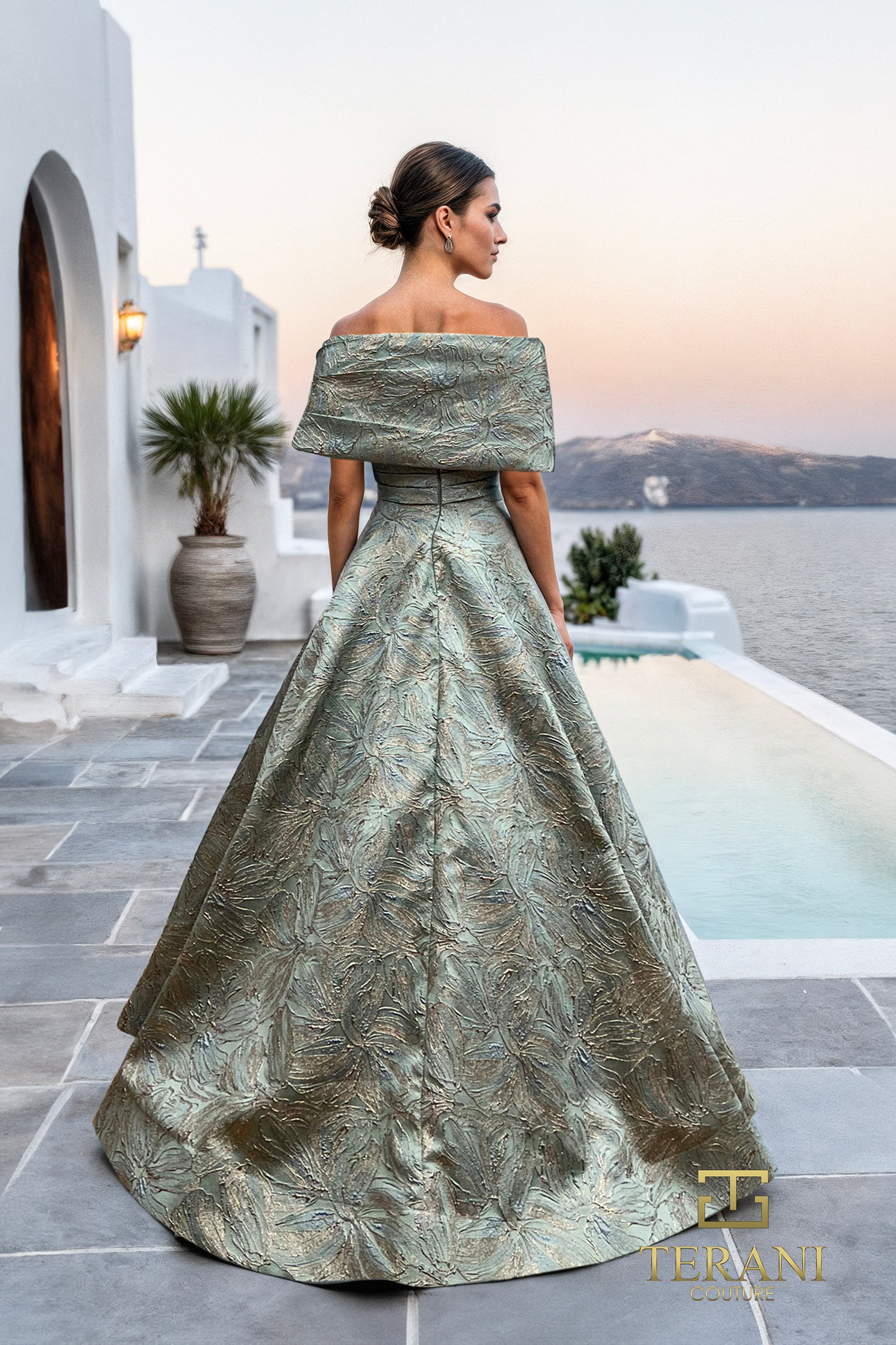Off-Shoulder Jacquard A-Line Ballgown with Shawl Sleeves - 261M6453