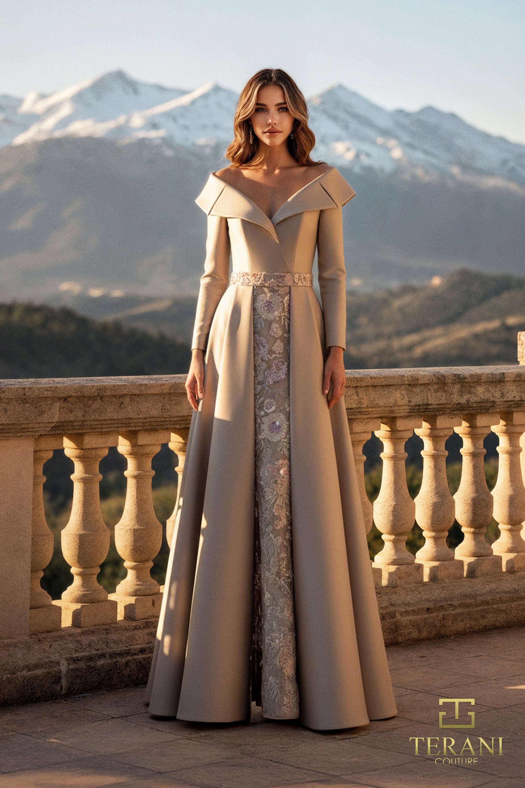 Off-Shoulder Mikado A-Line Gown with Long Sleeves and Slit - 261M6455