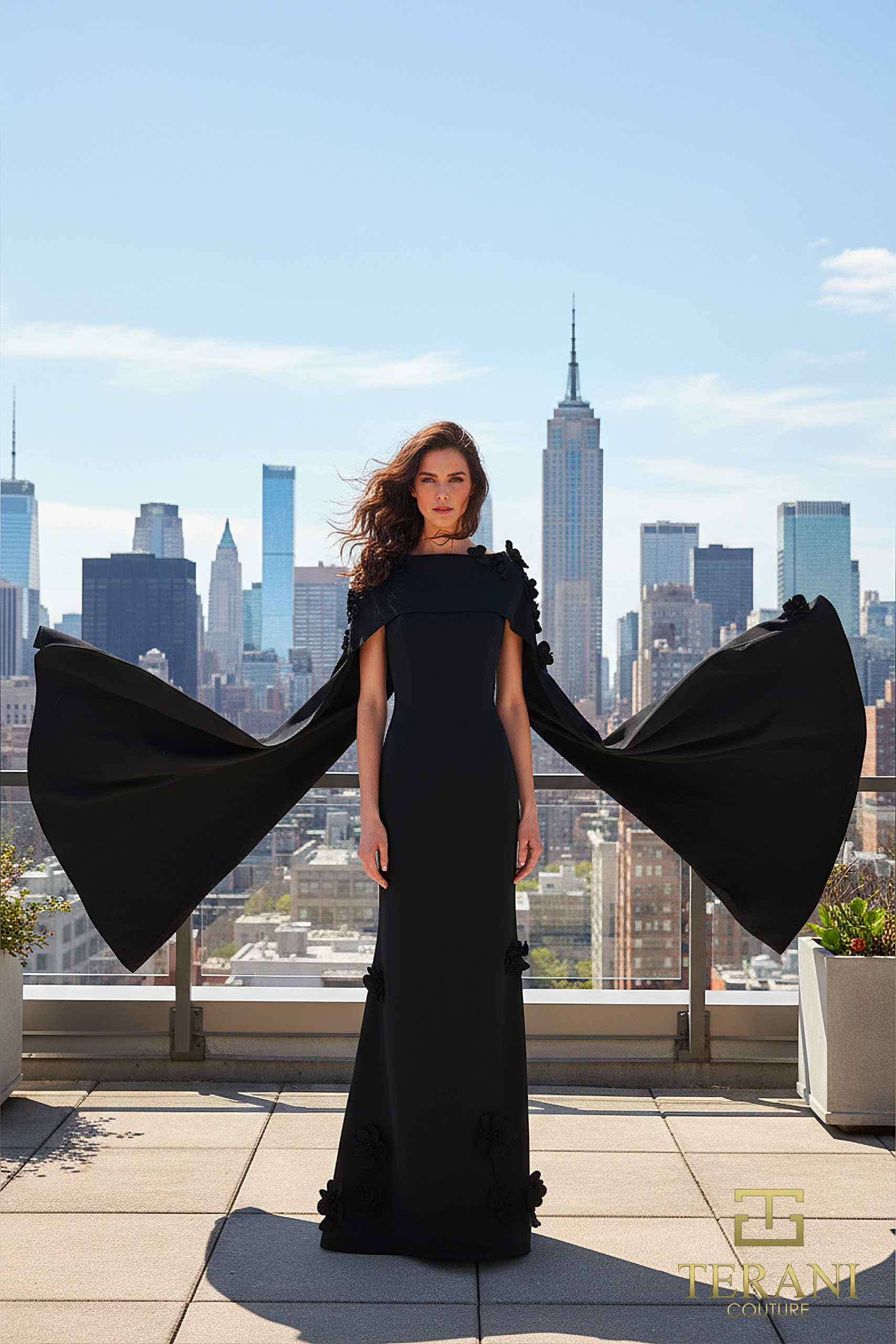 Boat Neck Crepe Trumpet Gown with Cape Sleeves