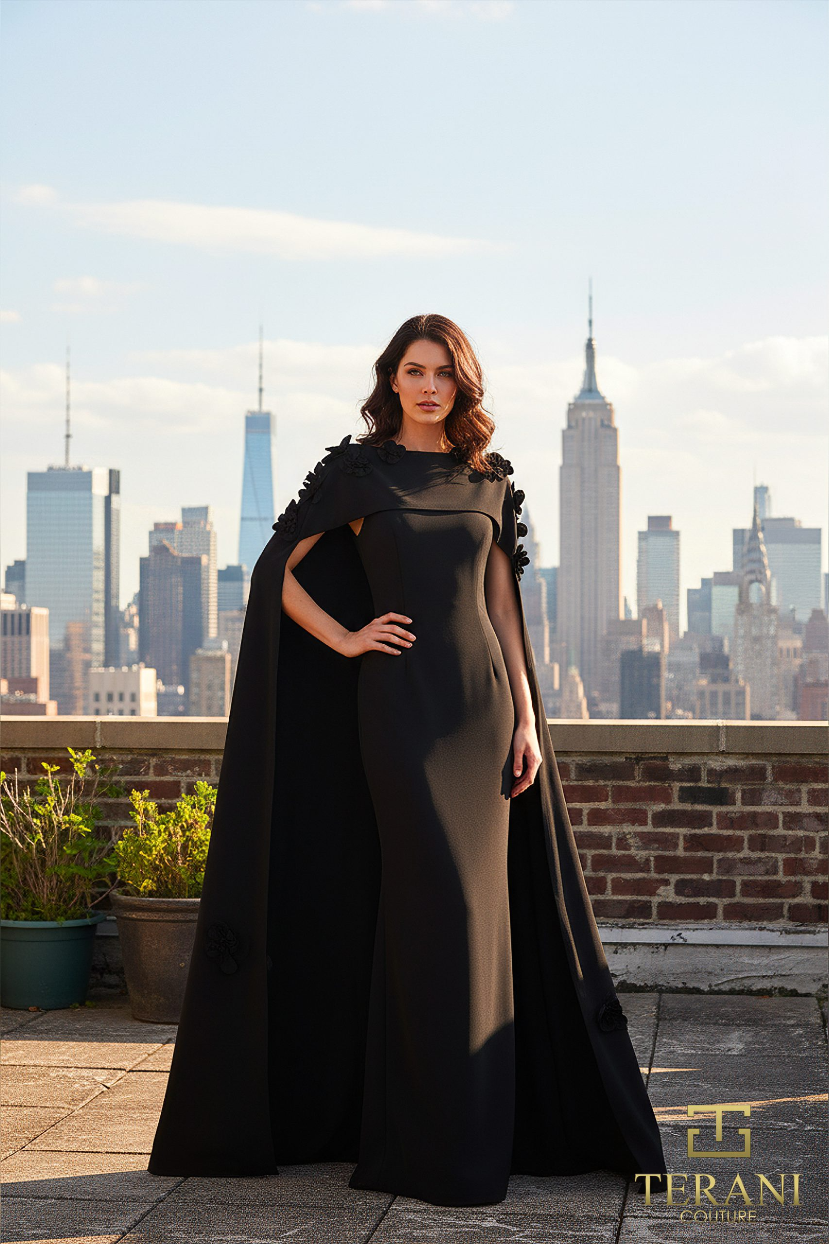 Boat Neck Crepe Trumpet Gown with Cape Sleeves