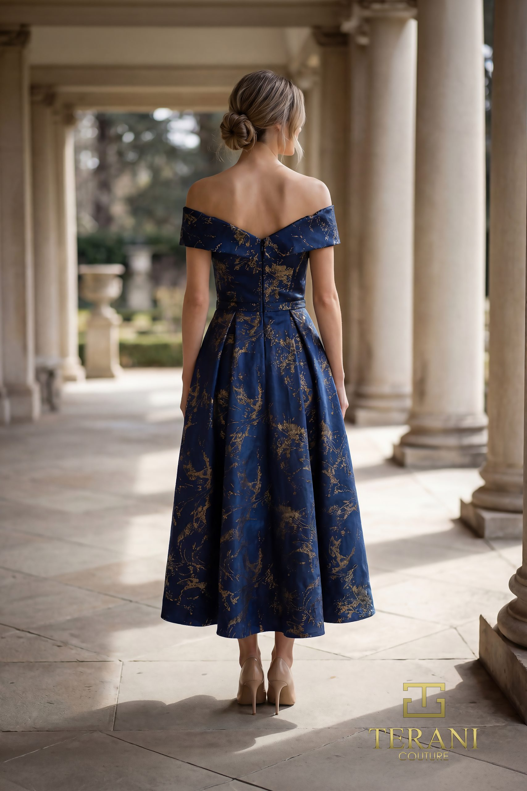 TERANI 261C6515 Dress Off-Shoulder Jacquard Fit & Flare Gown with Overskirt