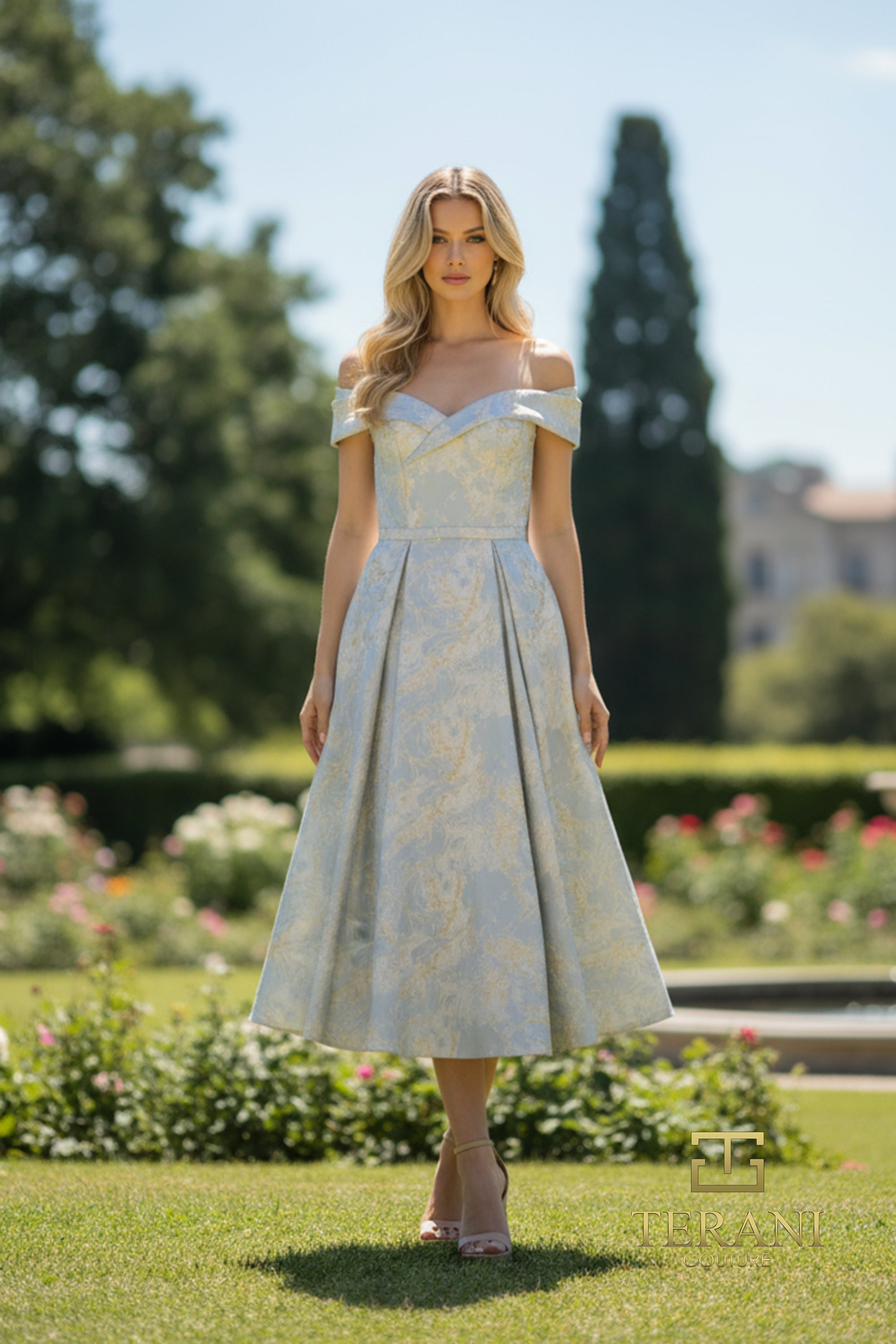 Off-Shoulder Jacquard Fit & Flare Gown with Overskirt - 261C6515