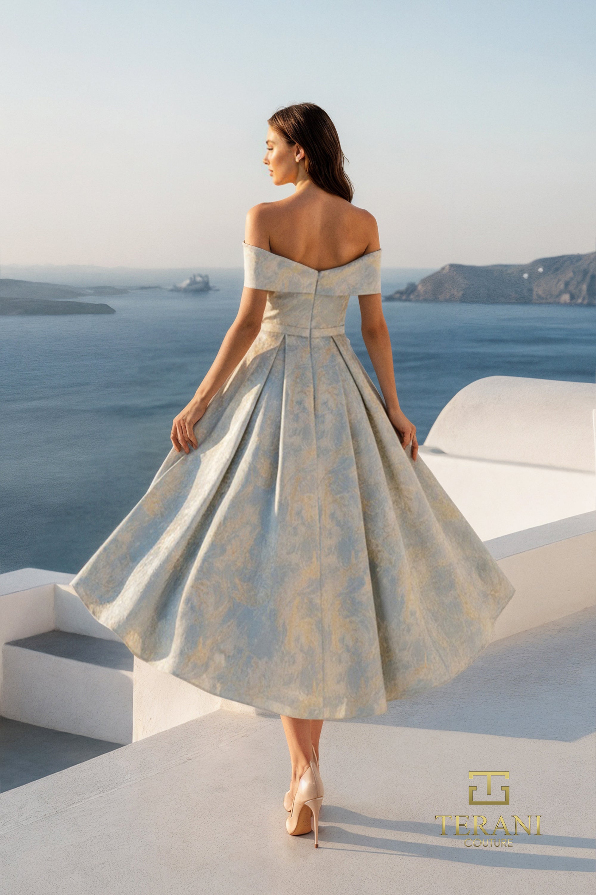 Off-Shoulder Jacquard Fit & Flare Gown with Overskirt - 261C6515