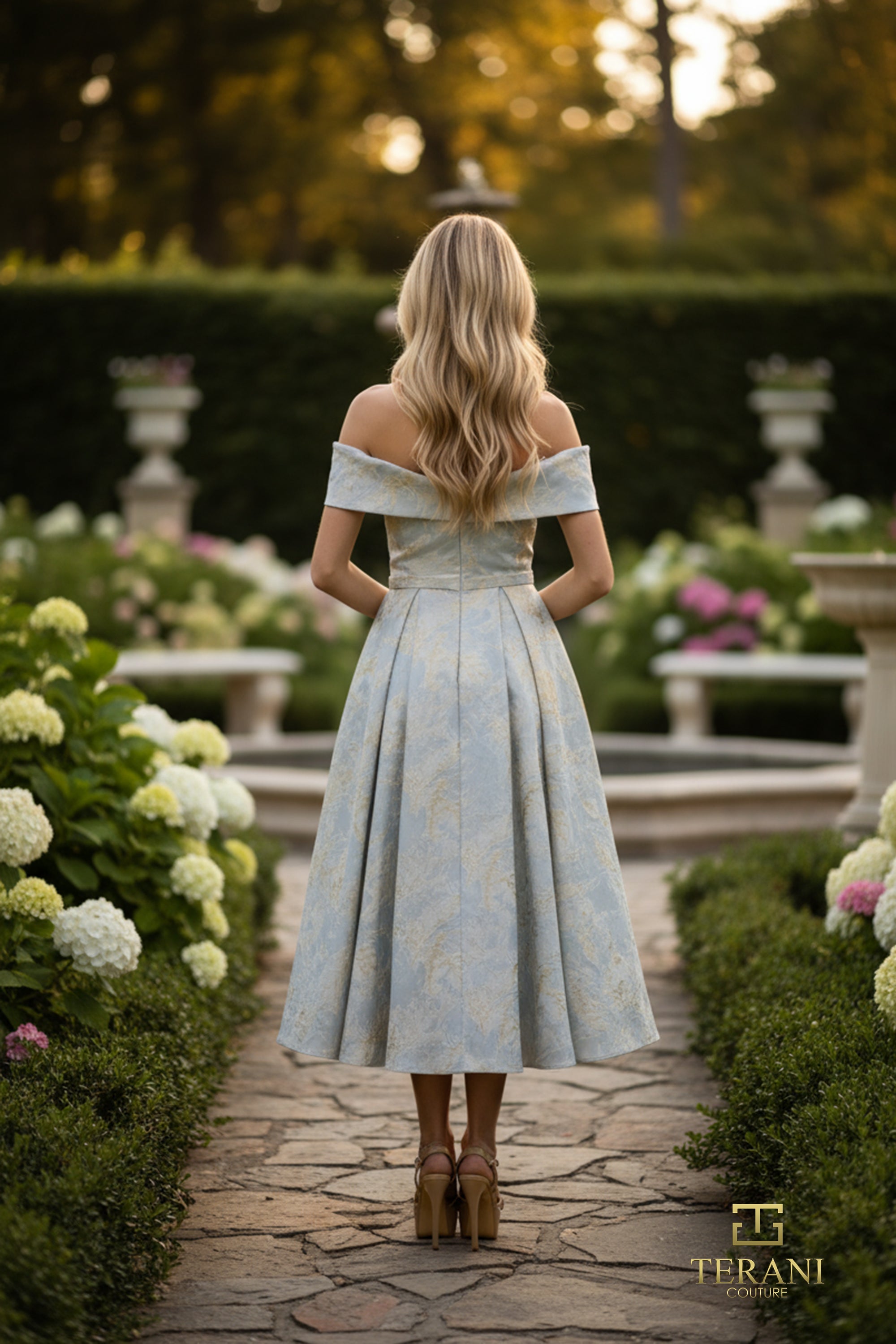 Off-Shoulder Jacquard Fit & Flare Gown with Overskirt - 261C6515