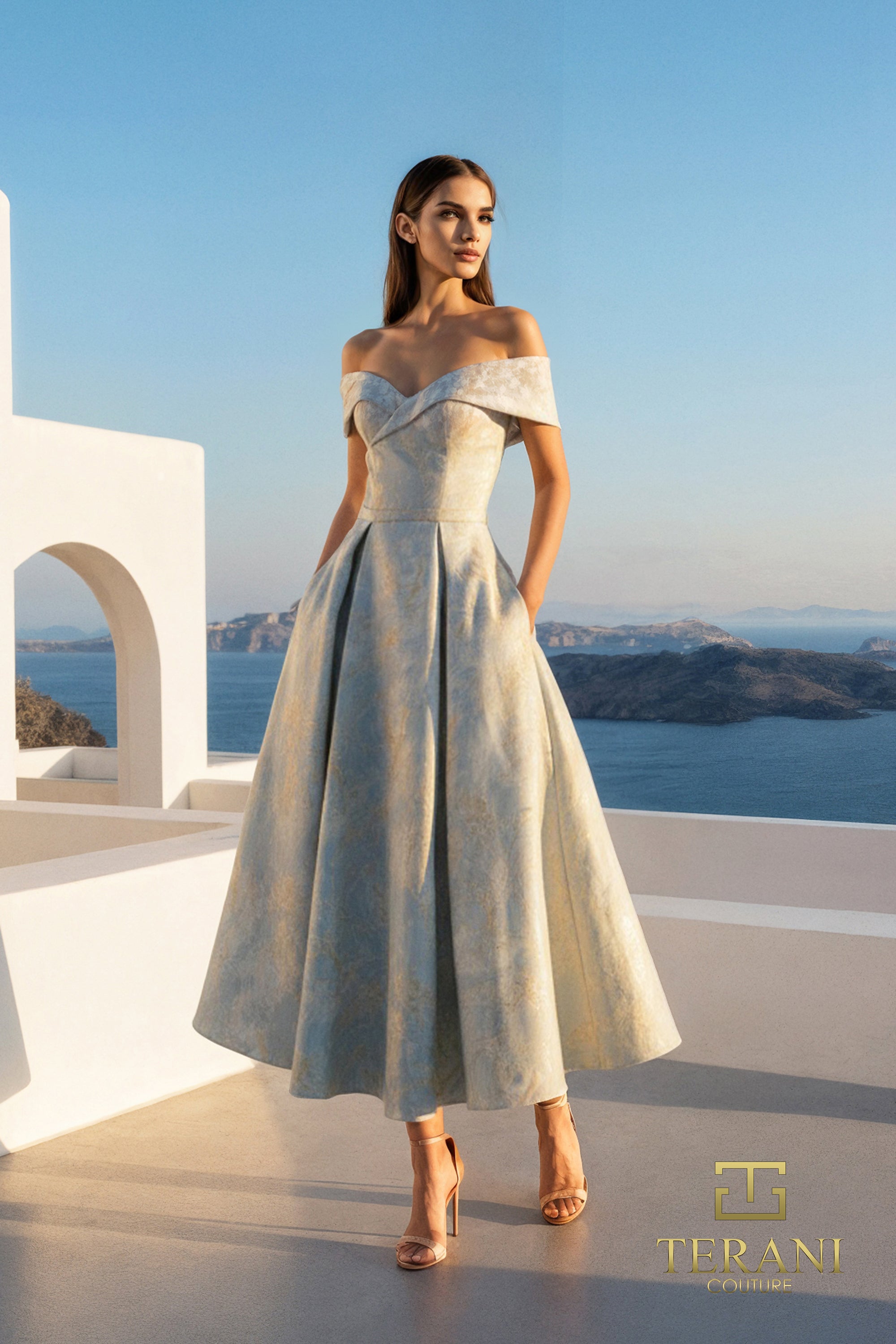 Off-Shoulder Jacquard Fit & Flare Gown with Overskirt - 261C6515