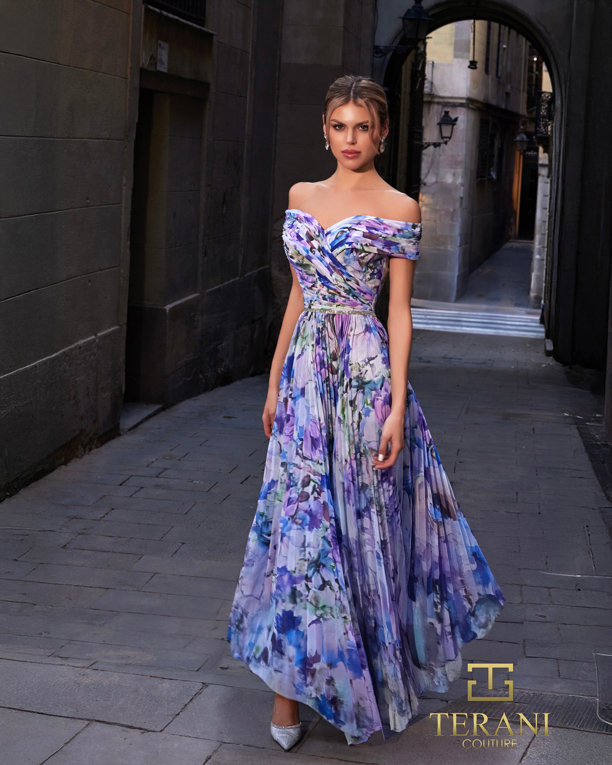 Off-Shoulder Printed Chiffon A-Line Gown - 261C6641