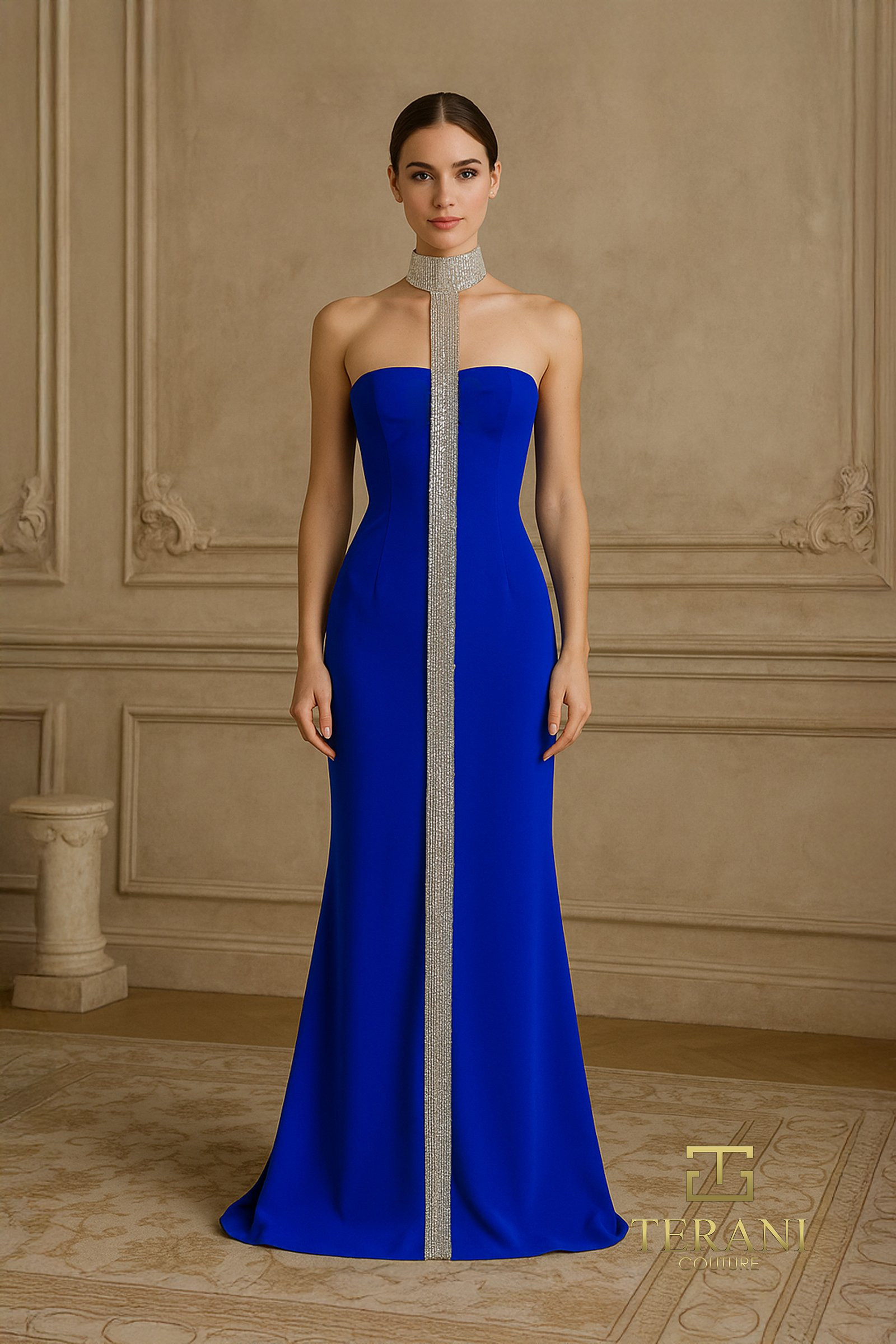 Strapless Scuba Sheath Gown with Slit