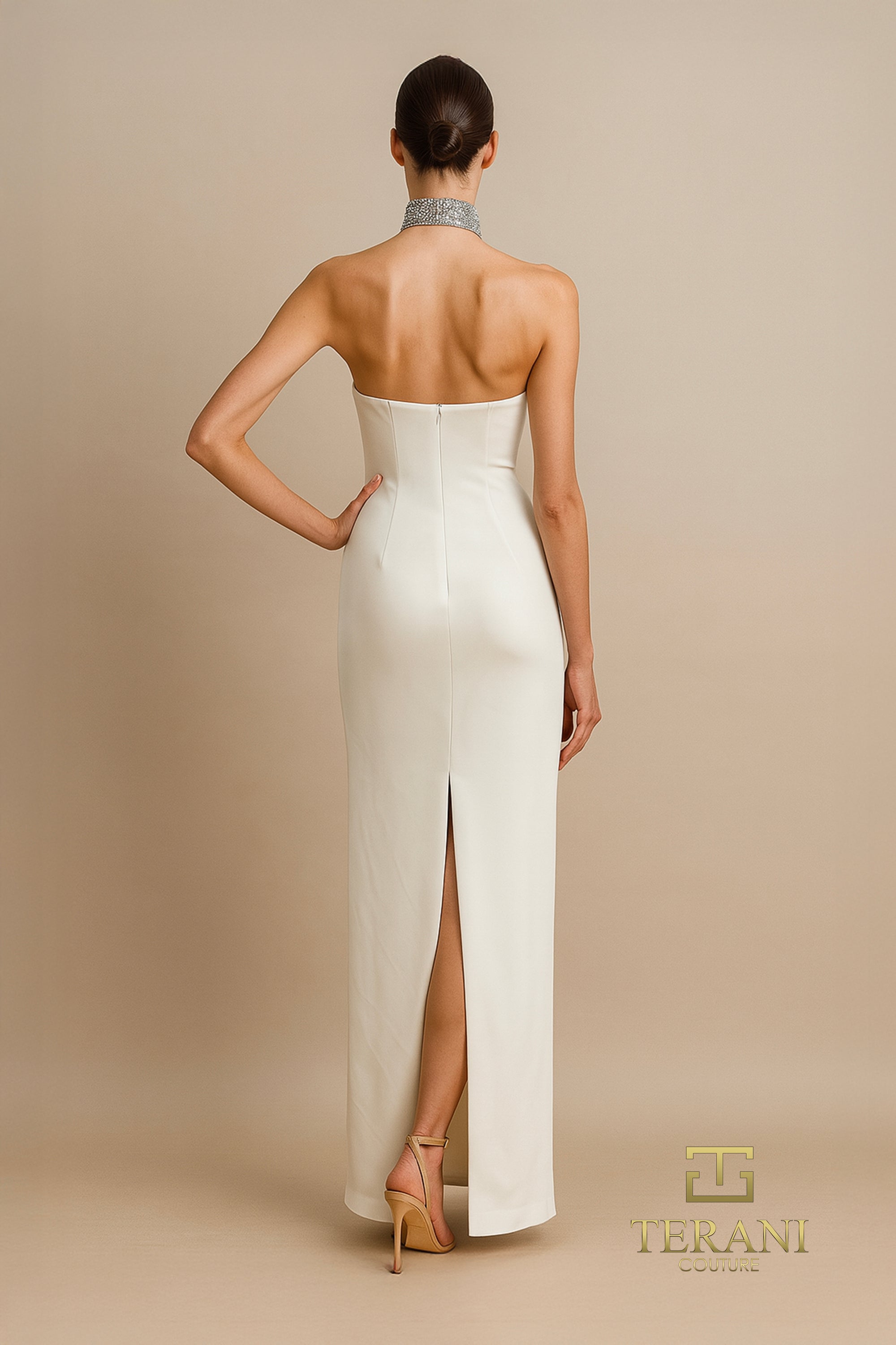 Strapless Scuba Sheath Gown with Slit - 261E6119