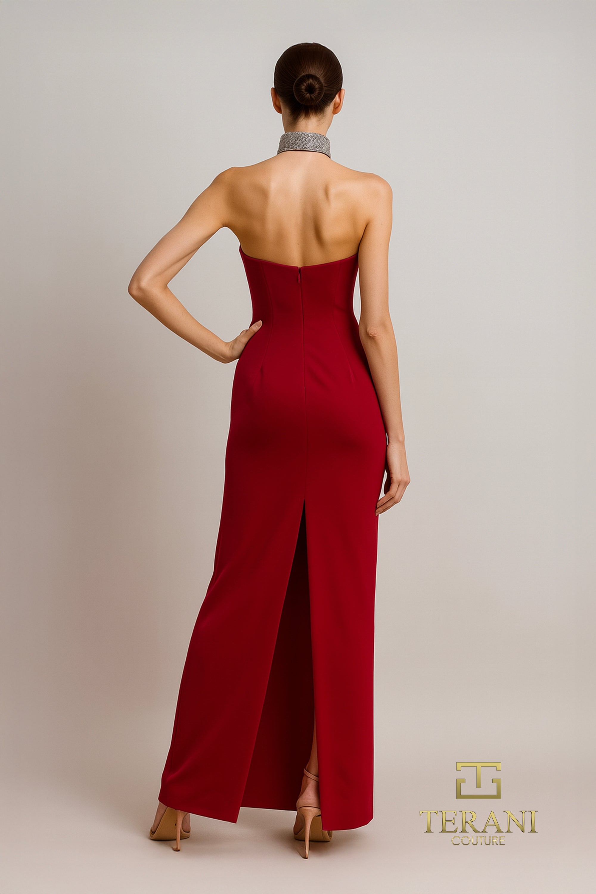 Strapless Scuba Sheath Gown with Slit - 261E6119