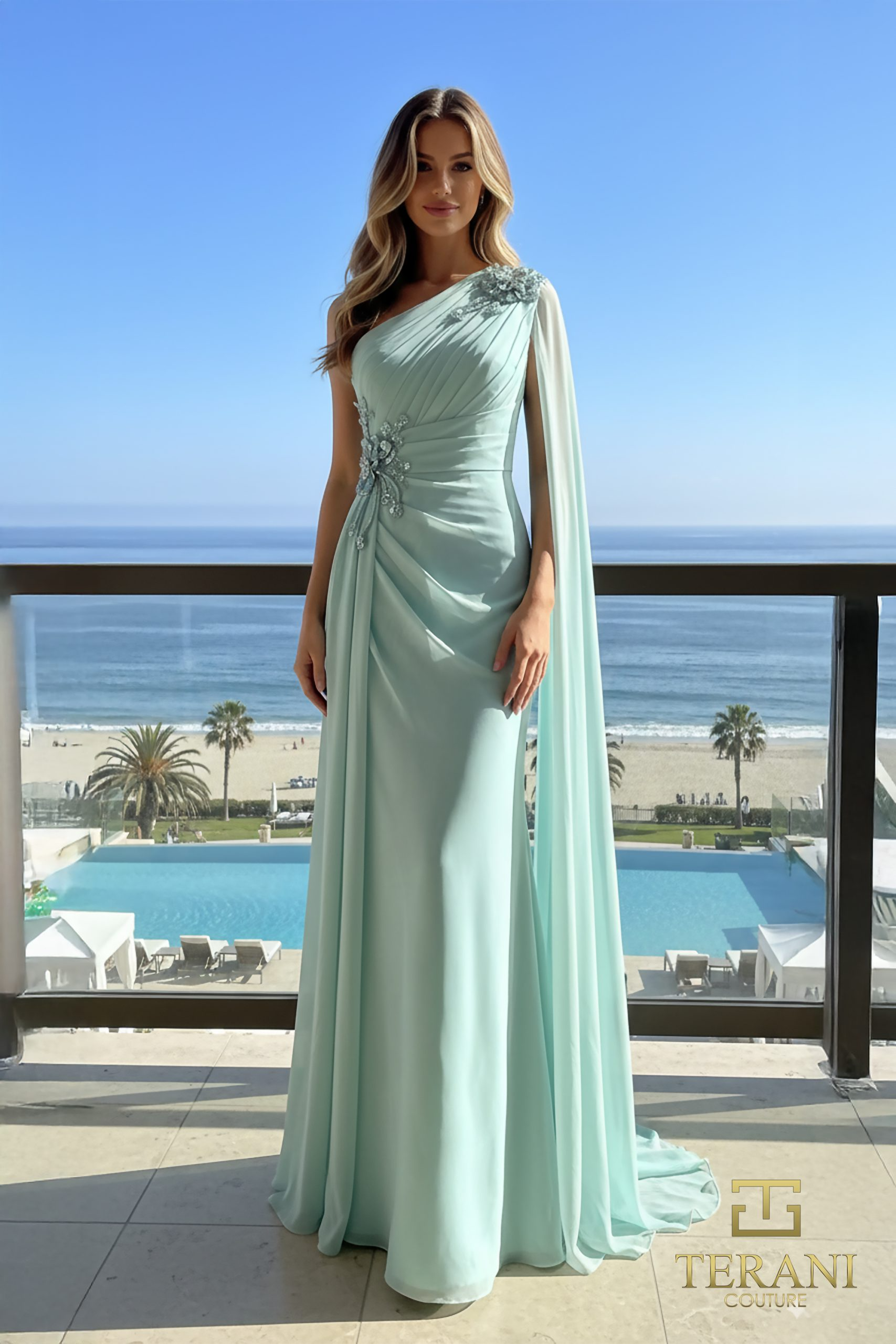 One-Shoulder Chiffon Column Gown with Cape Sleeve and Slit