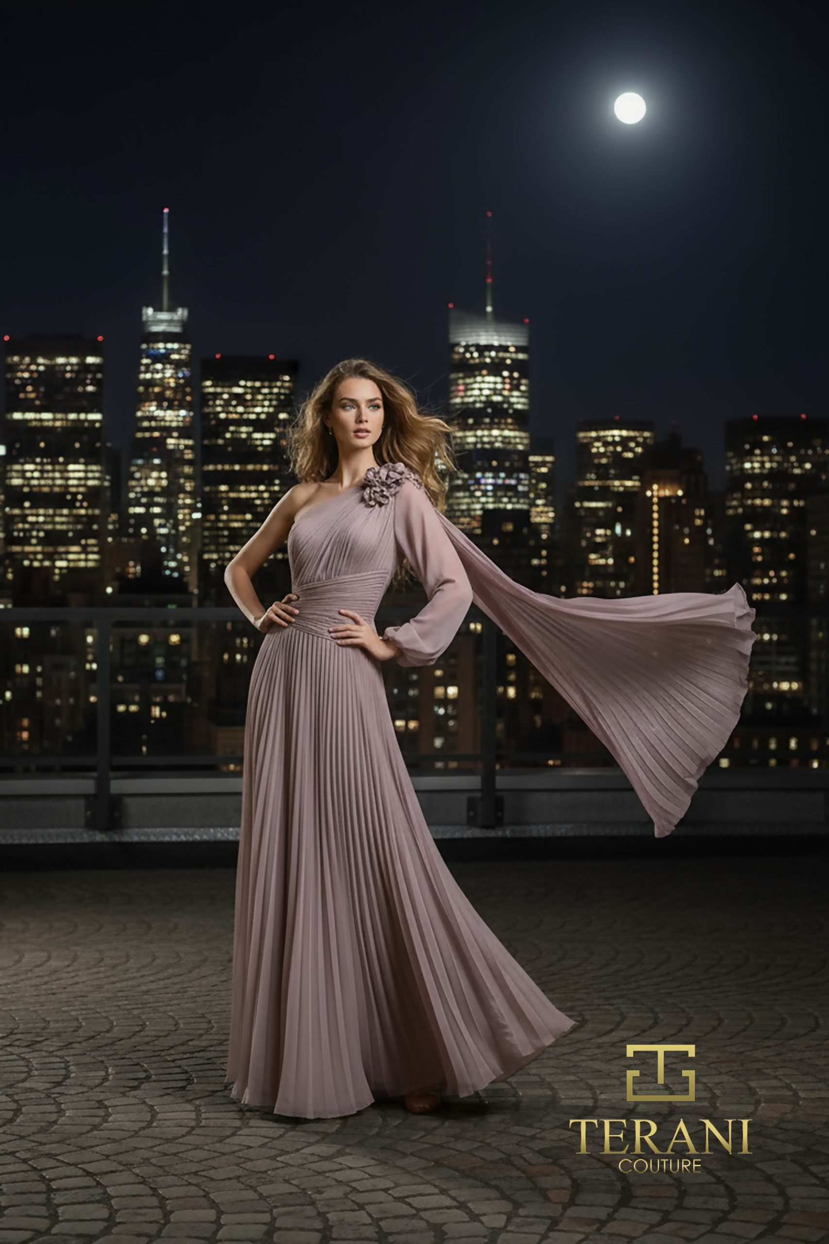 TERANI 261E6206 Dress One-Shoulder Chiffon A-Line Gown with Long Sleeve