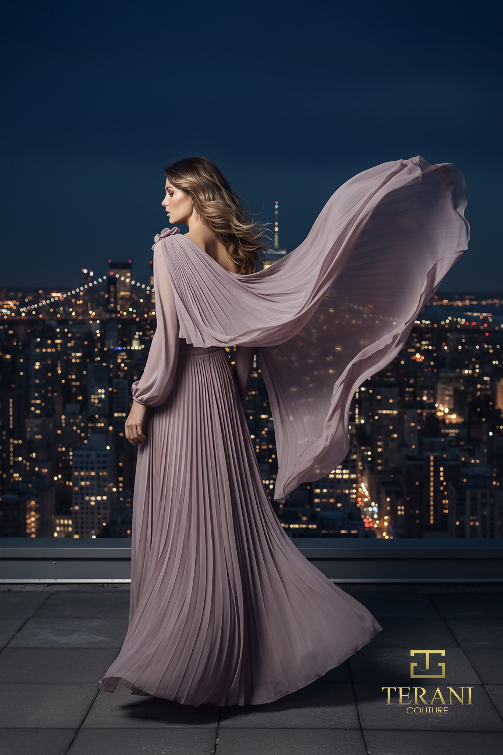 TERANI 261E6206 Dress One-Shoulder Chiffon A-Line Gown with Long Sleeve