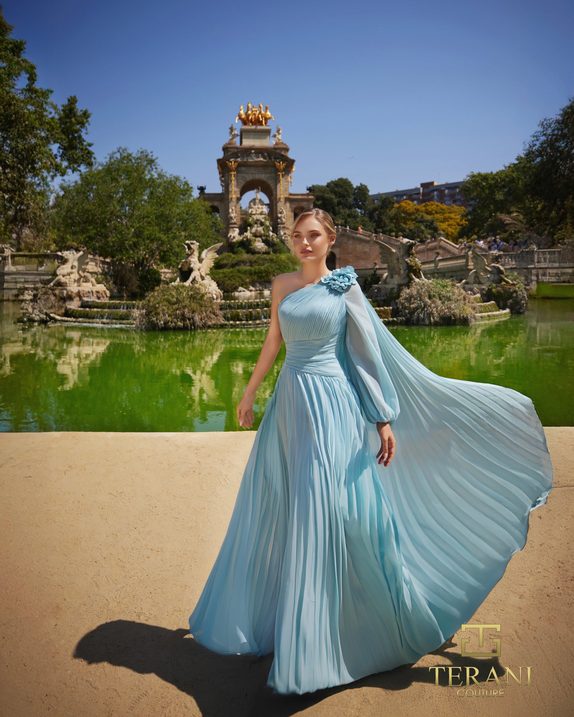 One-Shoulder Chiffon A-Line Gown with Long Sleeve - 261E6206