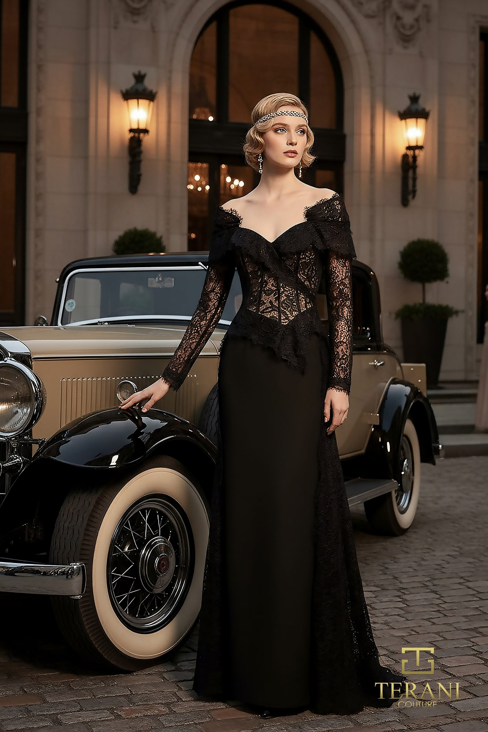 Off-Shoulder Lace & Matte Satin Column Gown with Long Sleeves
