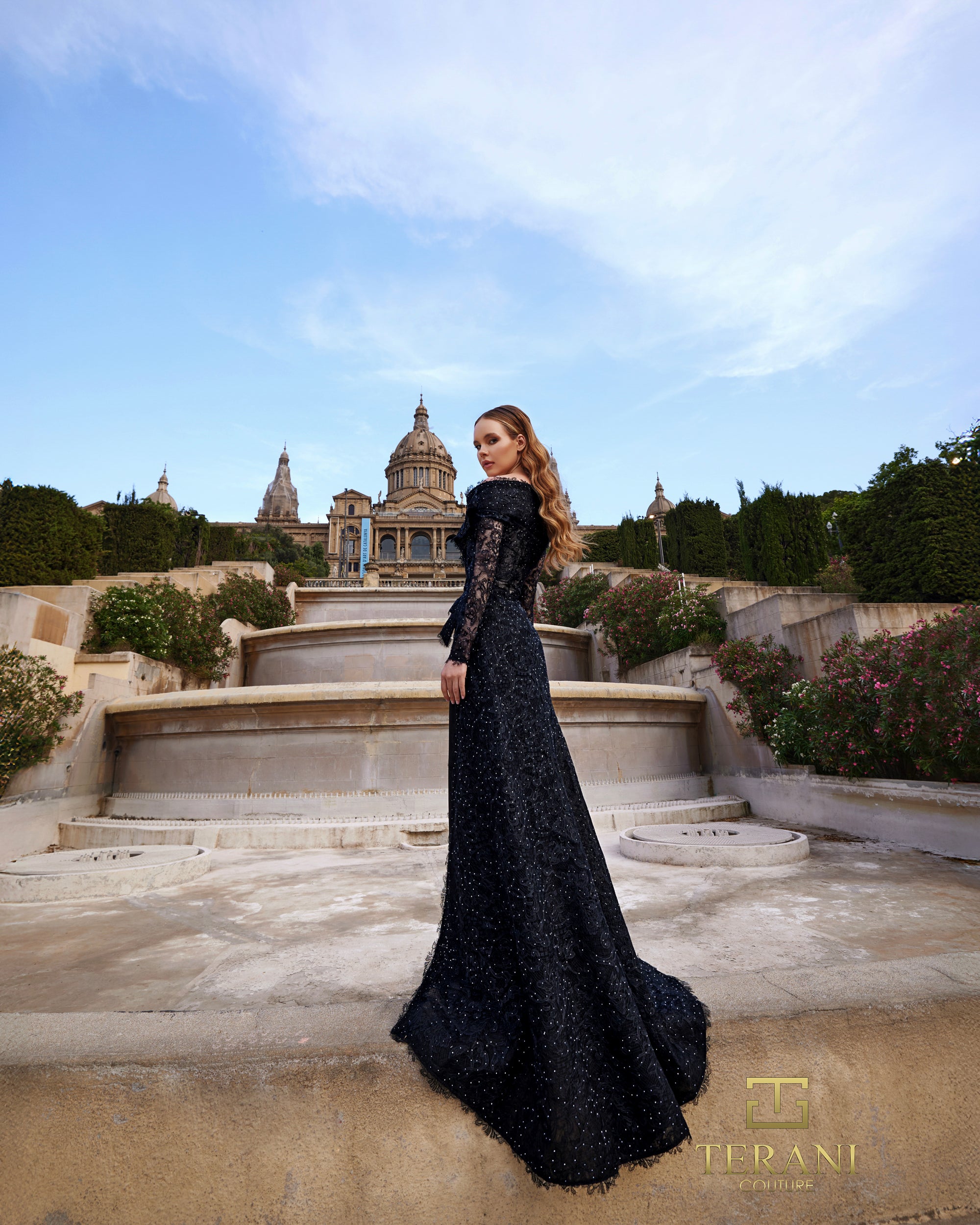 Off-Shoulder Lace & Matte Satin Column Gown with Long Sleeves - 261E6208