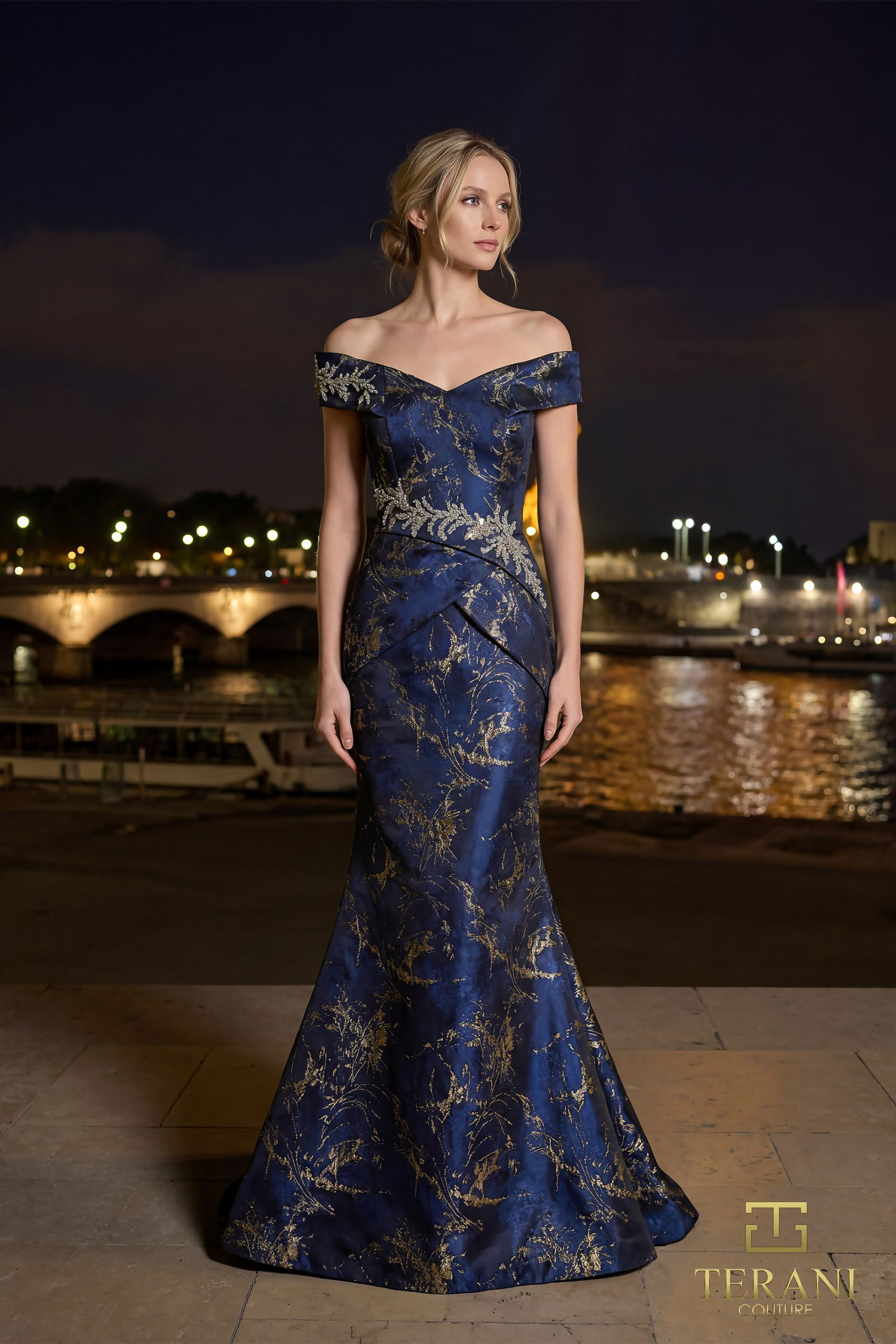 Off-Shoulder Jacquard Trumpet Gown