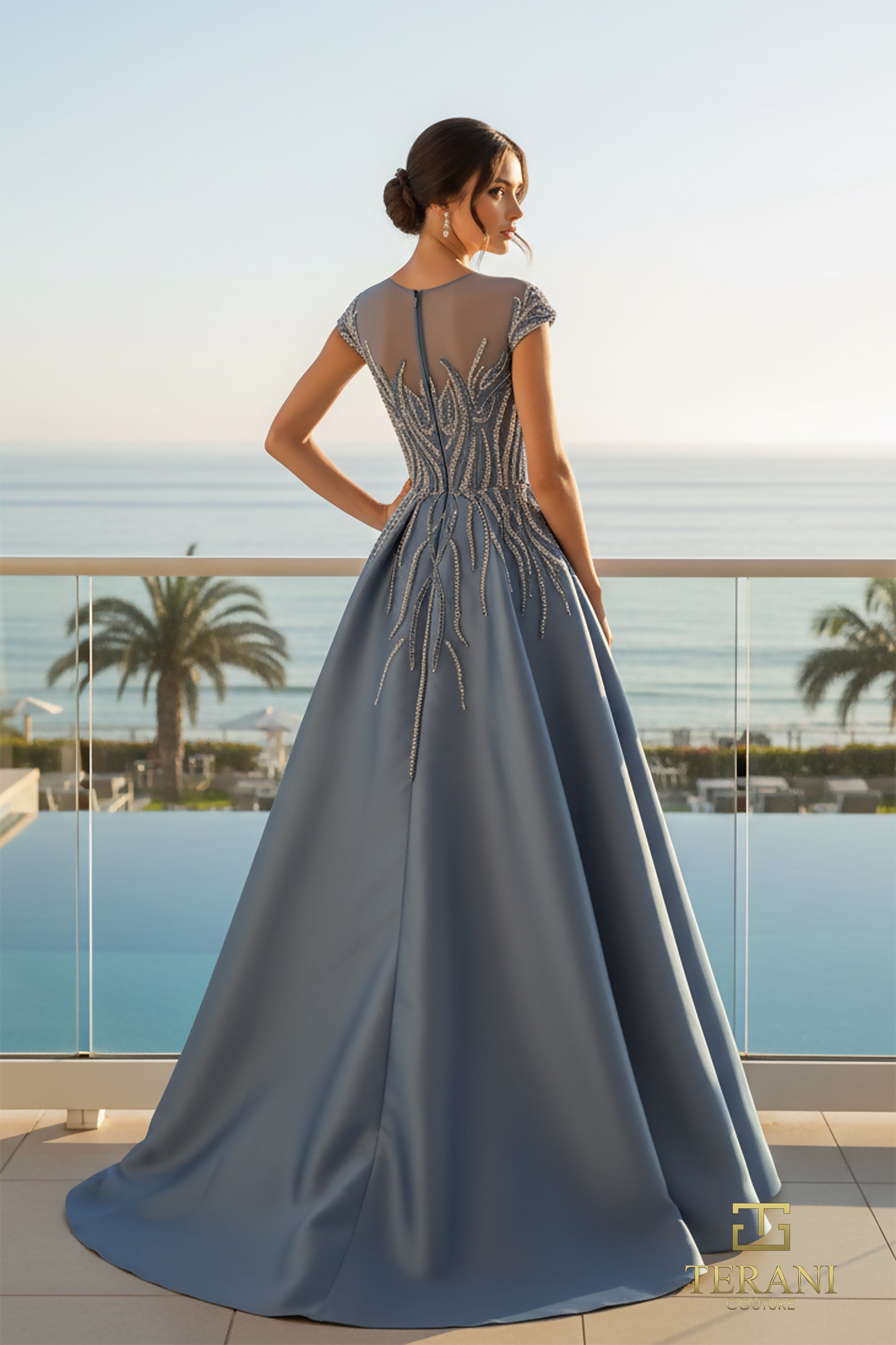 Illusion Neck Stretch Mikado Column Gown with Overskirt and Cap Sleeves - 261E6254