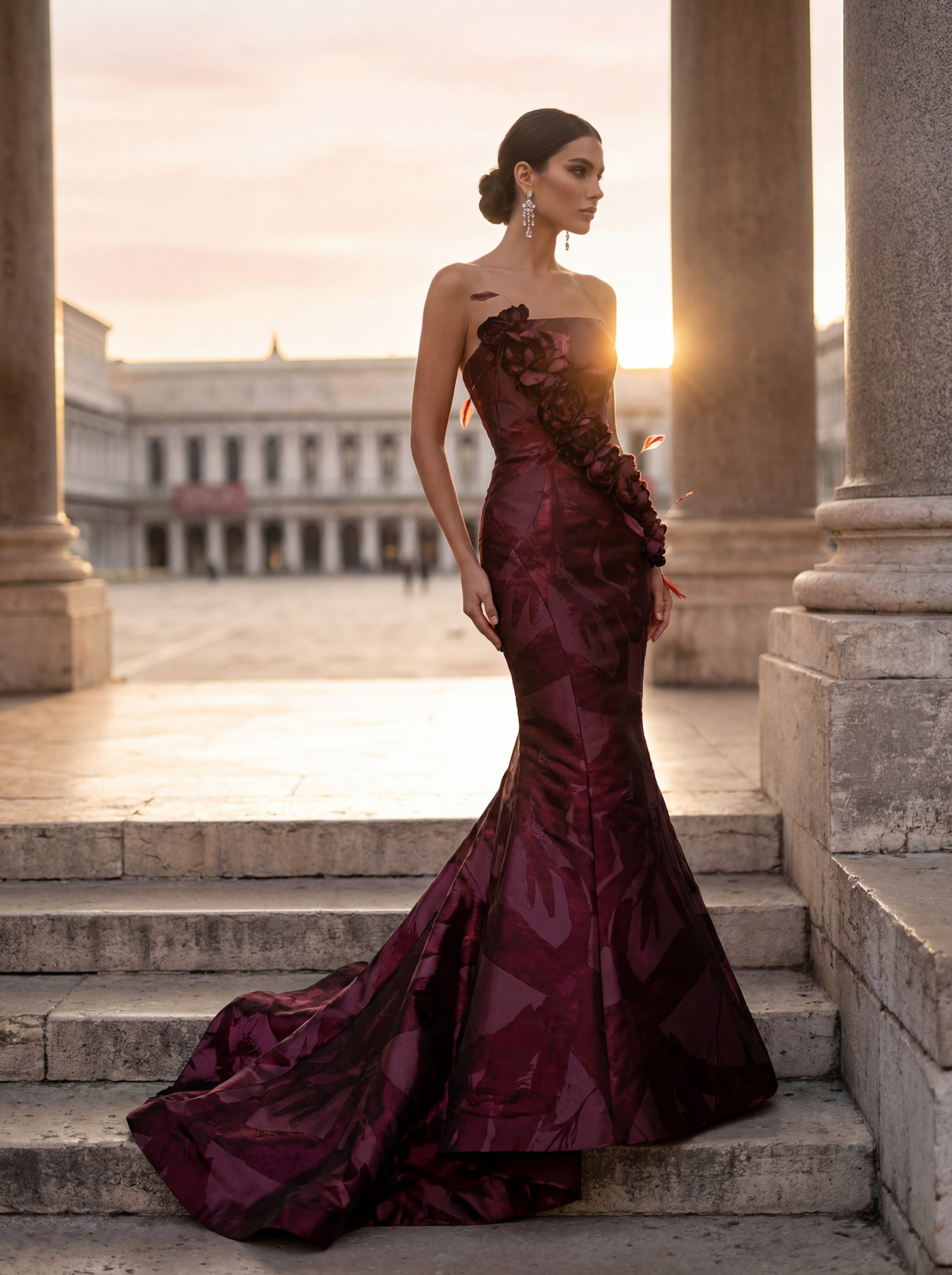 Straight Neck Shimmer Jacquard Mermaid Gown