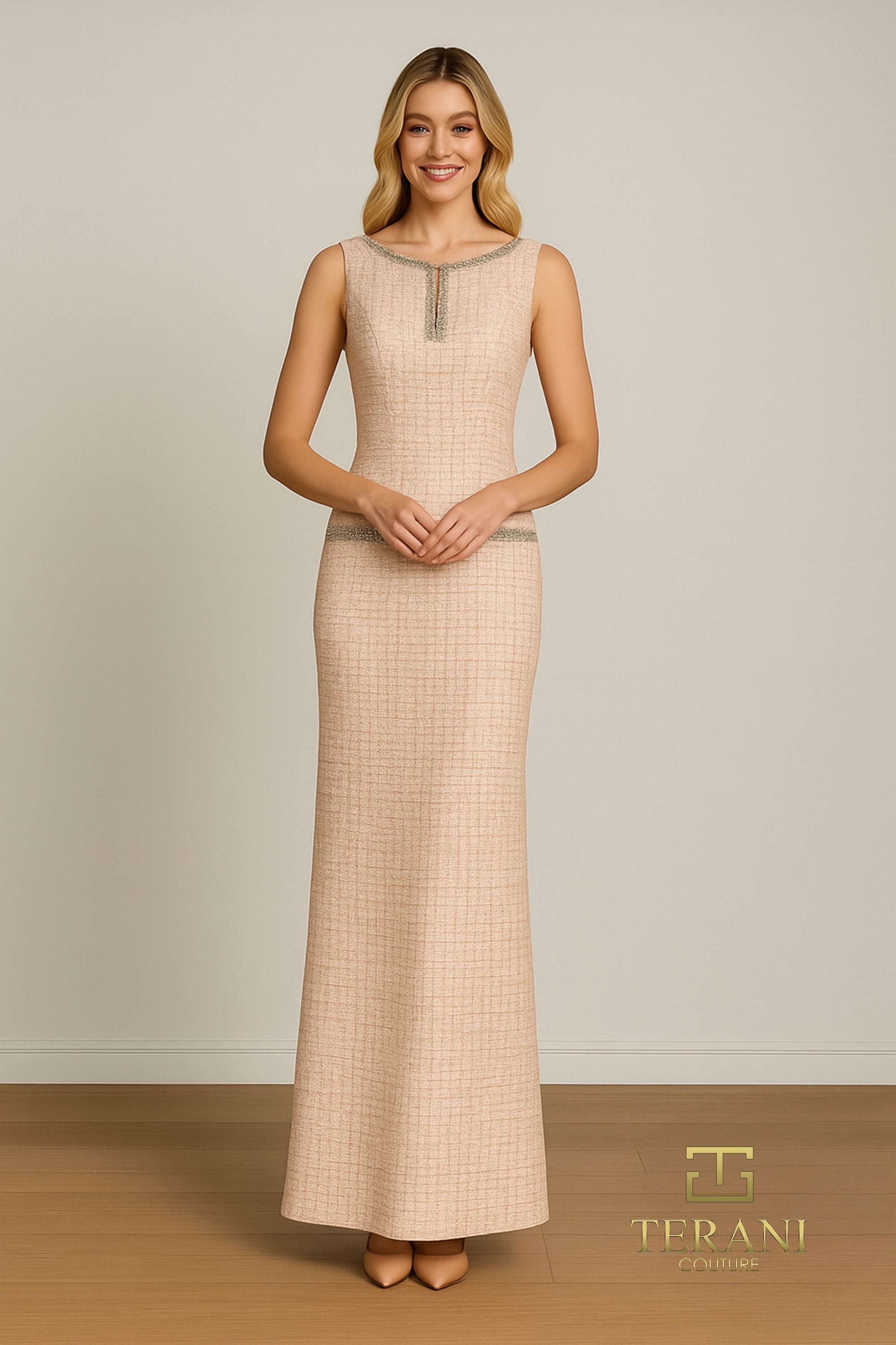 High Bateau Tweed Column Dress with Slit - 261E6274