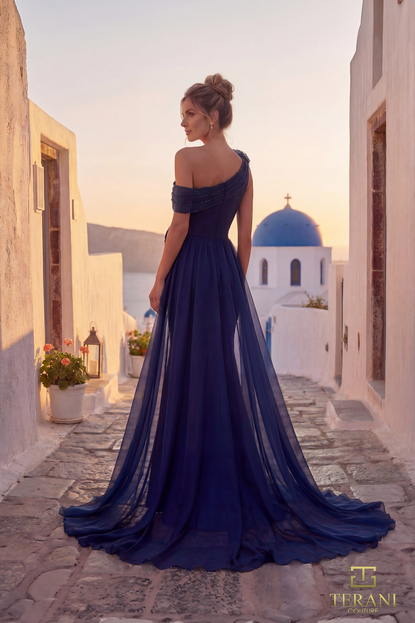 Asymmetric One-Shoulder Stretch Mikado & Organza Fit & Flare Gown with Overskirt