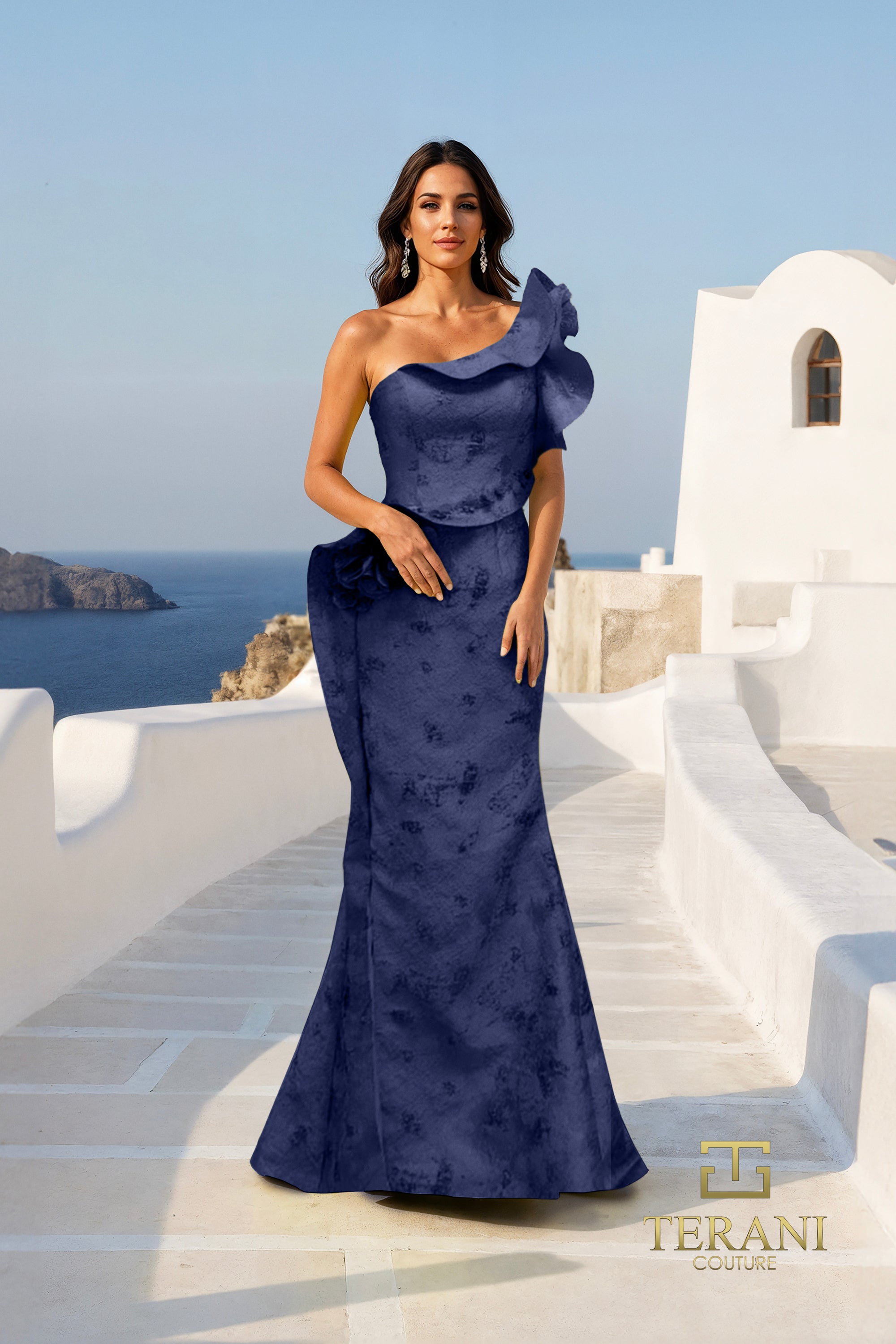 Ruffled One-Shoulder Jacquard Mermaid Gown with Slit - 261E6678