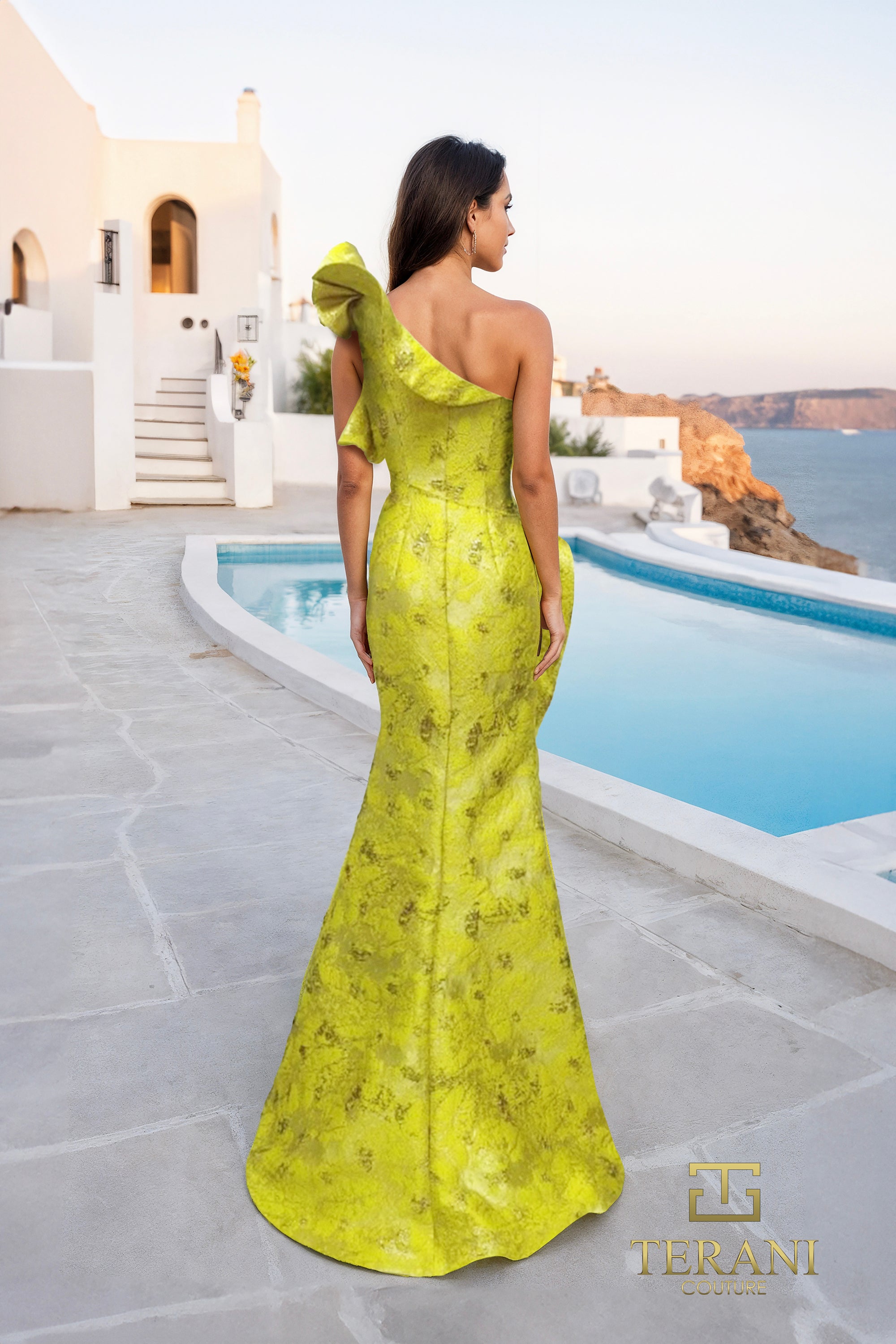 Ruffled One-Shoulder Jacquard Mermaid Gown with Slit - 261E6678