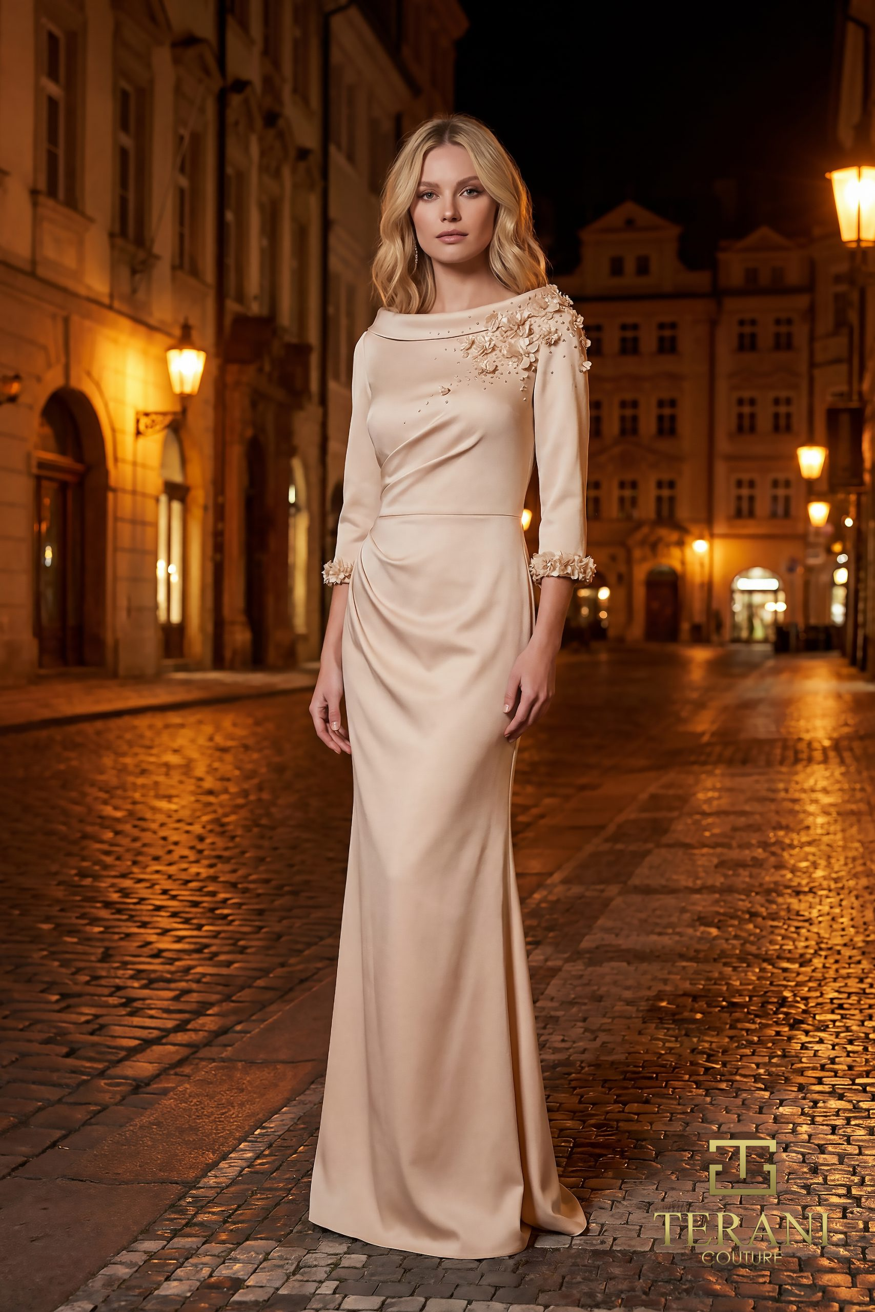 High Boat Neck Crepe Sheath Gown with 3/4 Sleeves