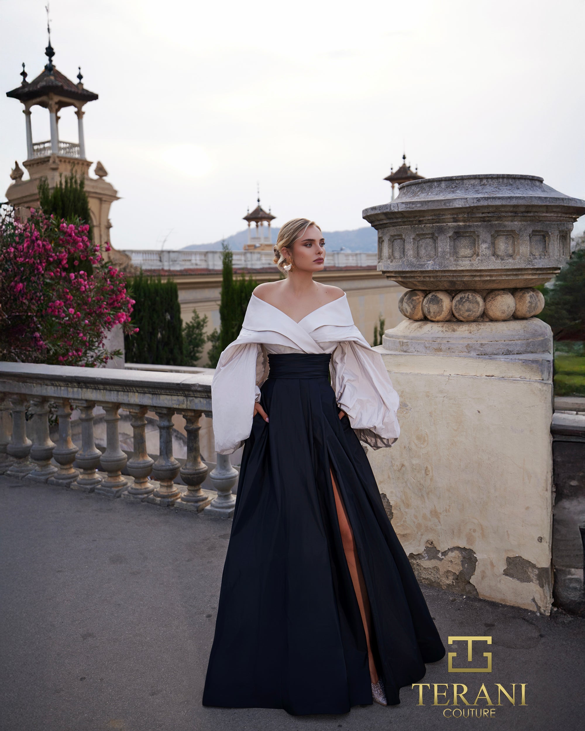 Off-Shoulder Tafetta Mock 2-Piece Gown with Puff Long Sleeves and Slit - 261E6720