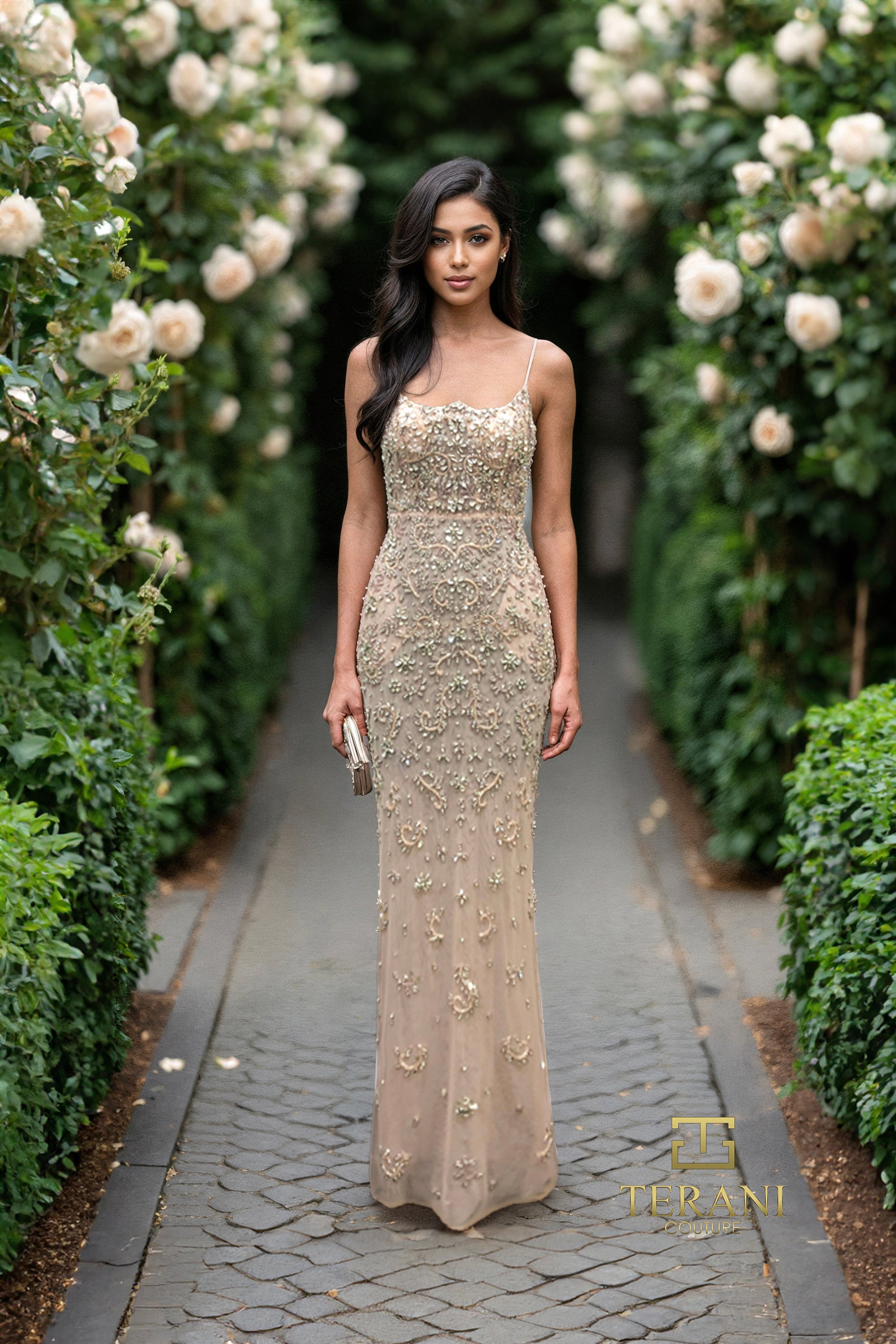 Scoop Neck Beaded Tulle Sheath Gown - 261GL6366