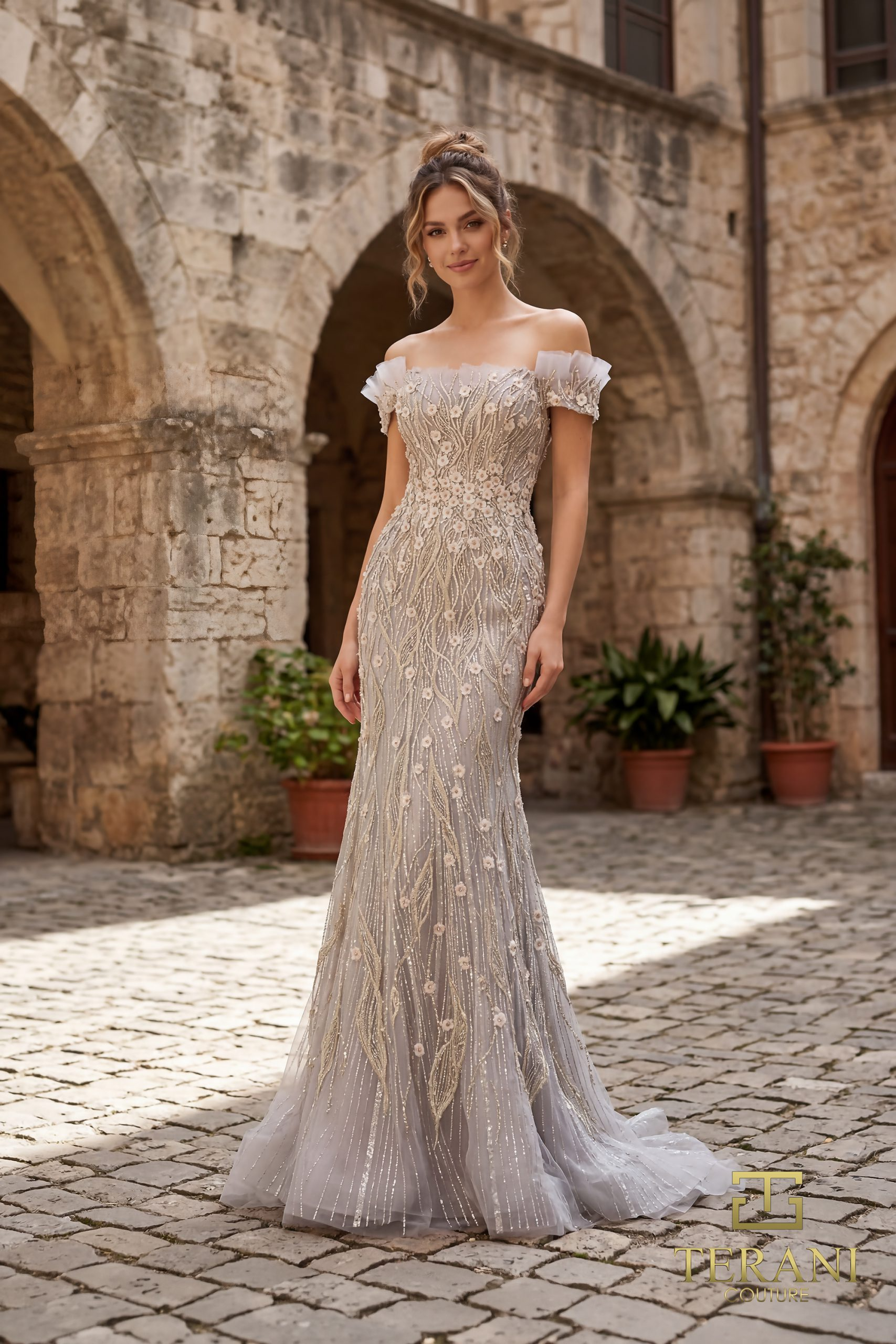 Off-Shoulder Beaded Tulle Mermaid Gown