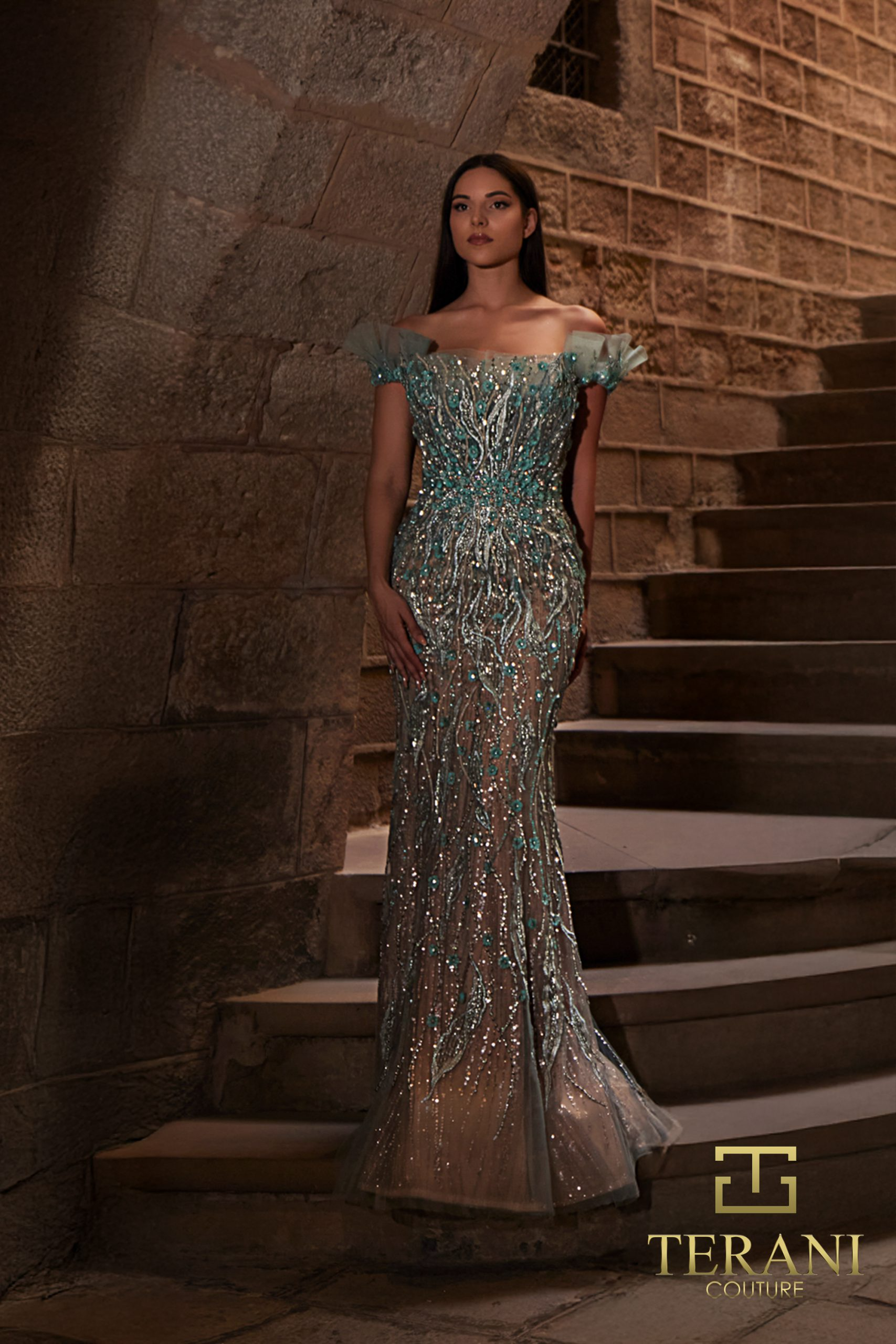 TERANI 261GL6373 Dress Off-Shoulder Beaded Tulle Mermaid Gown