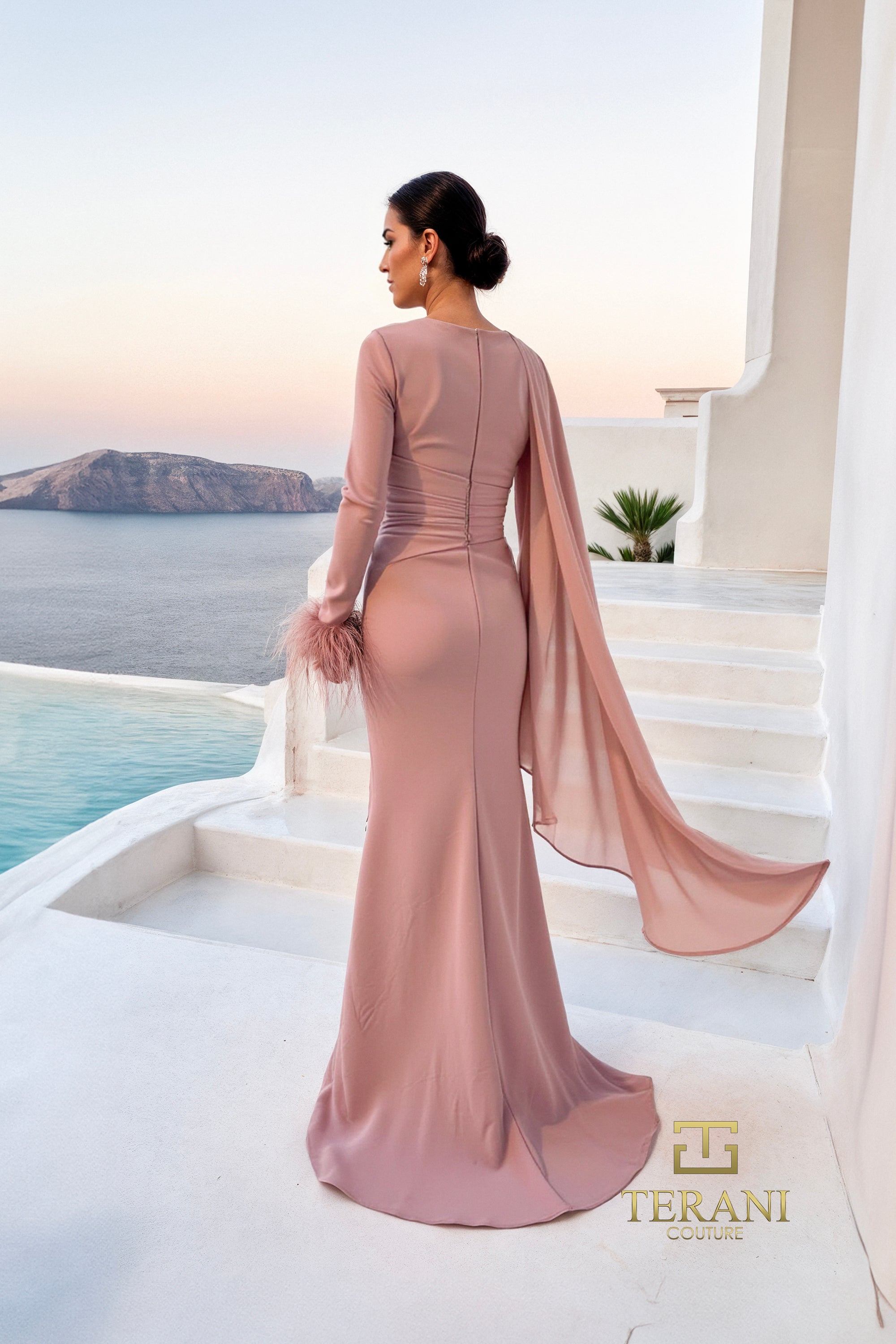 Asymmetric Chiffon Sheath Gown with Train and Long Sleeves - 261M6403