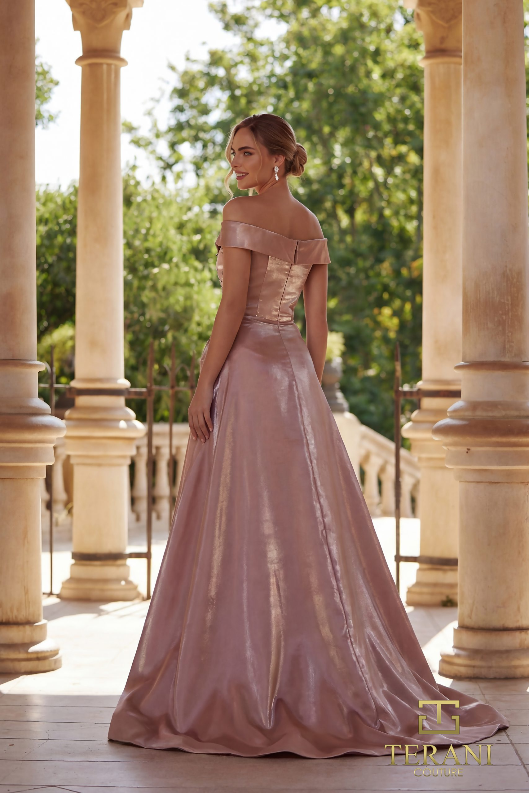 TERANI 261M6423 Dress Off-Shoulder Sweetheart Shimmer Fit & Flare Gown with Slit