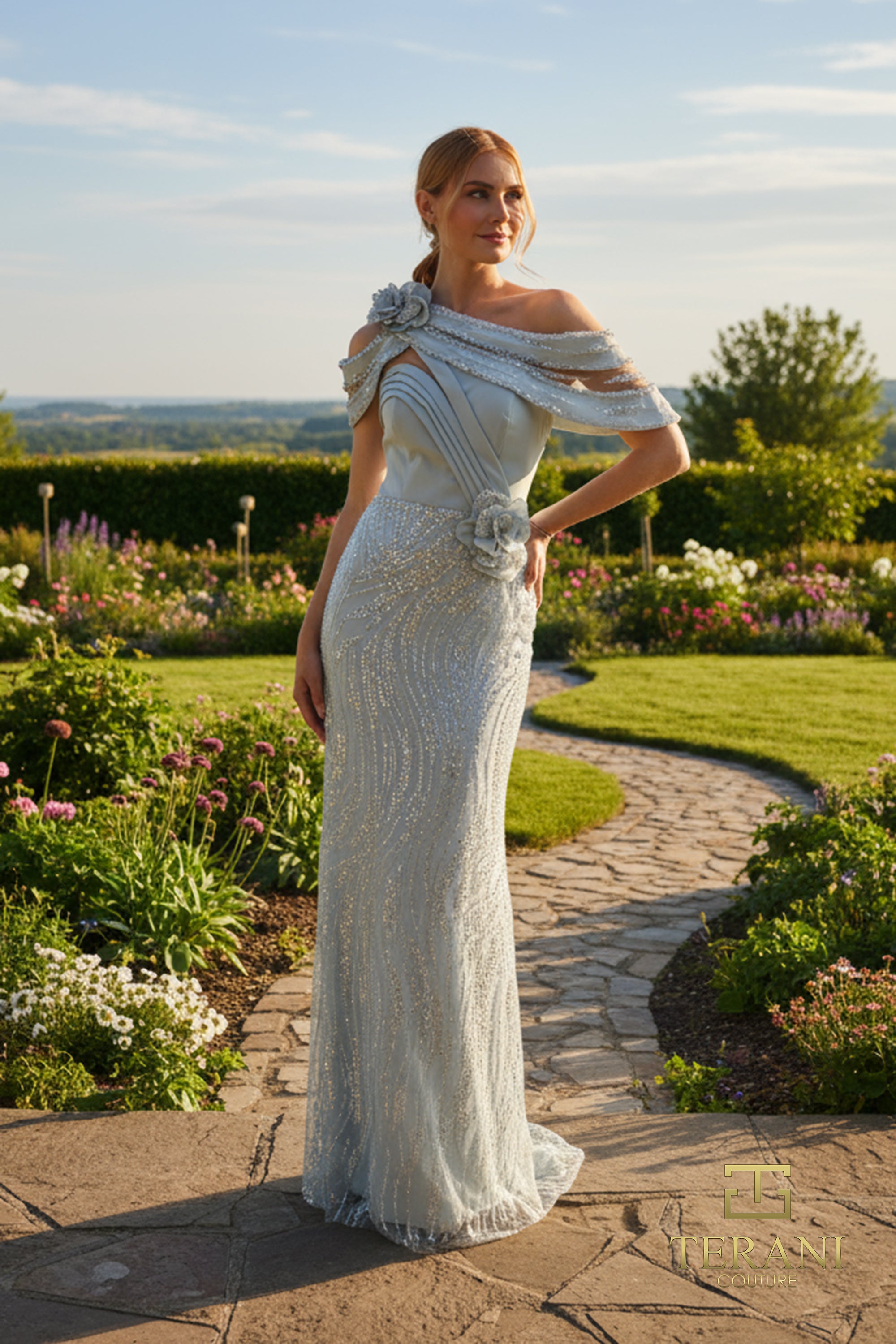Asymmetric Off-Shoulder Crepe Back Satin & Beaded Tulle Sheath Gown - 261M6427