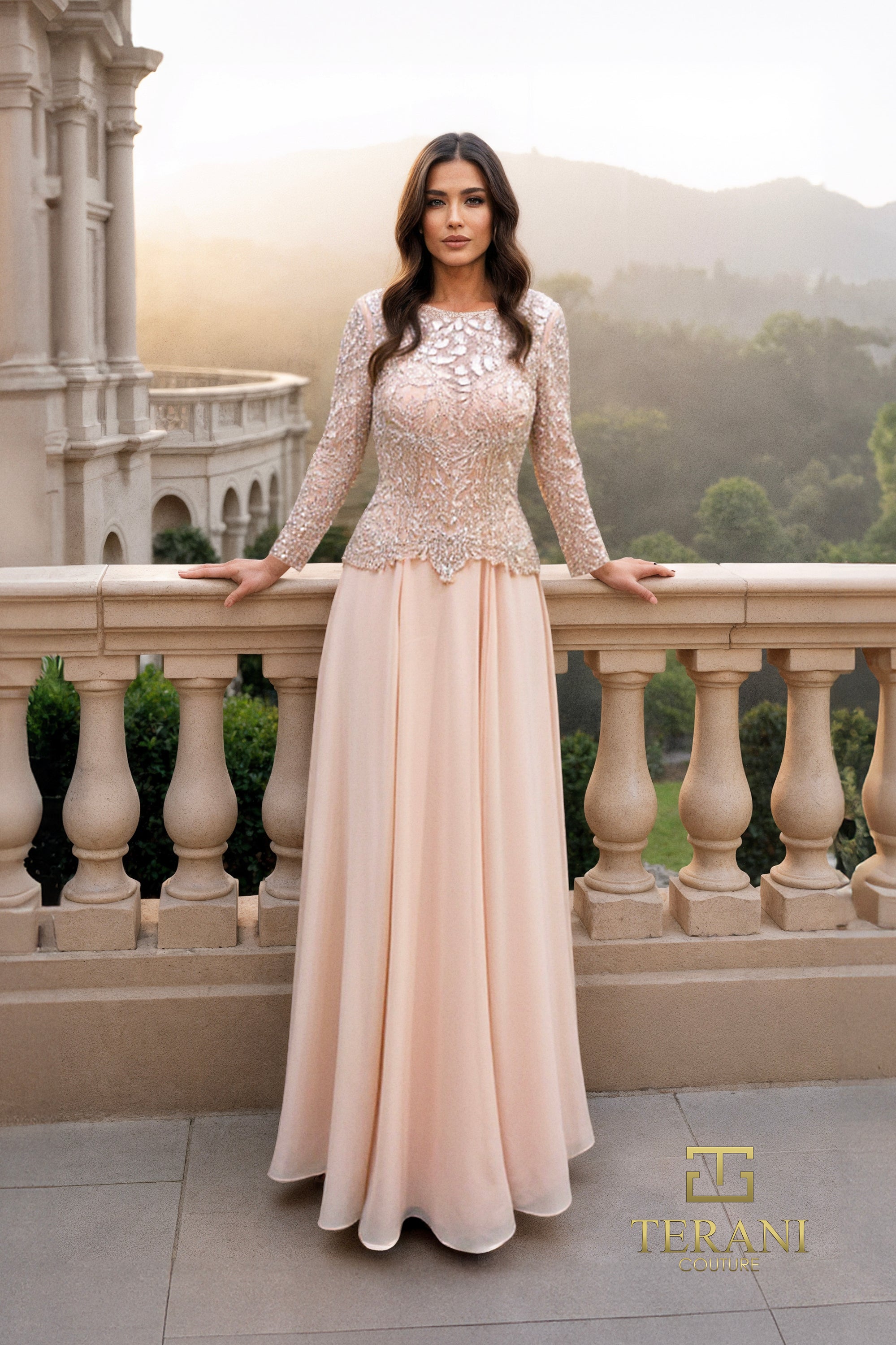 Boat Neck Chiffon & Embroidered A-Line Gown with Long Sleeves - 261M6439