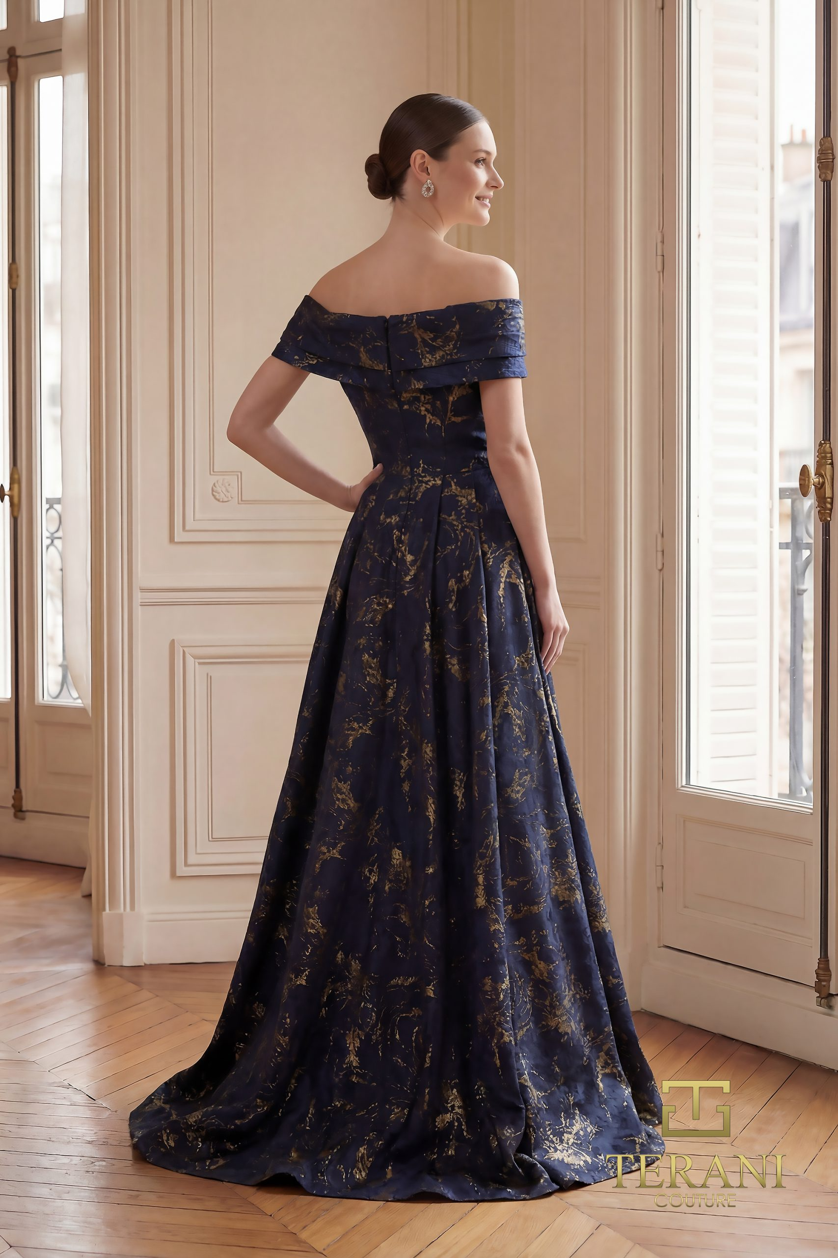 Off-Shoulder Jacquard Sheath Gown