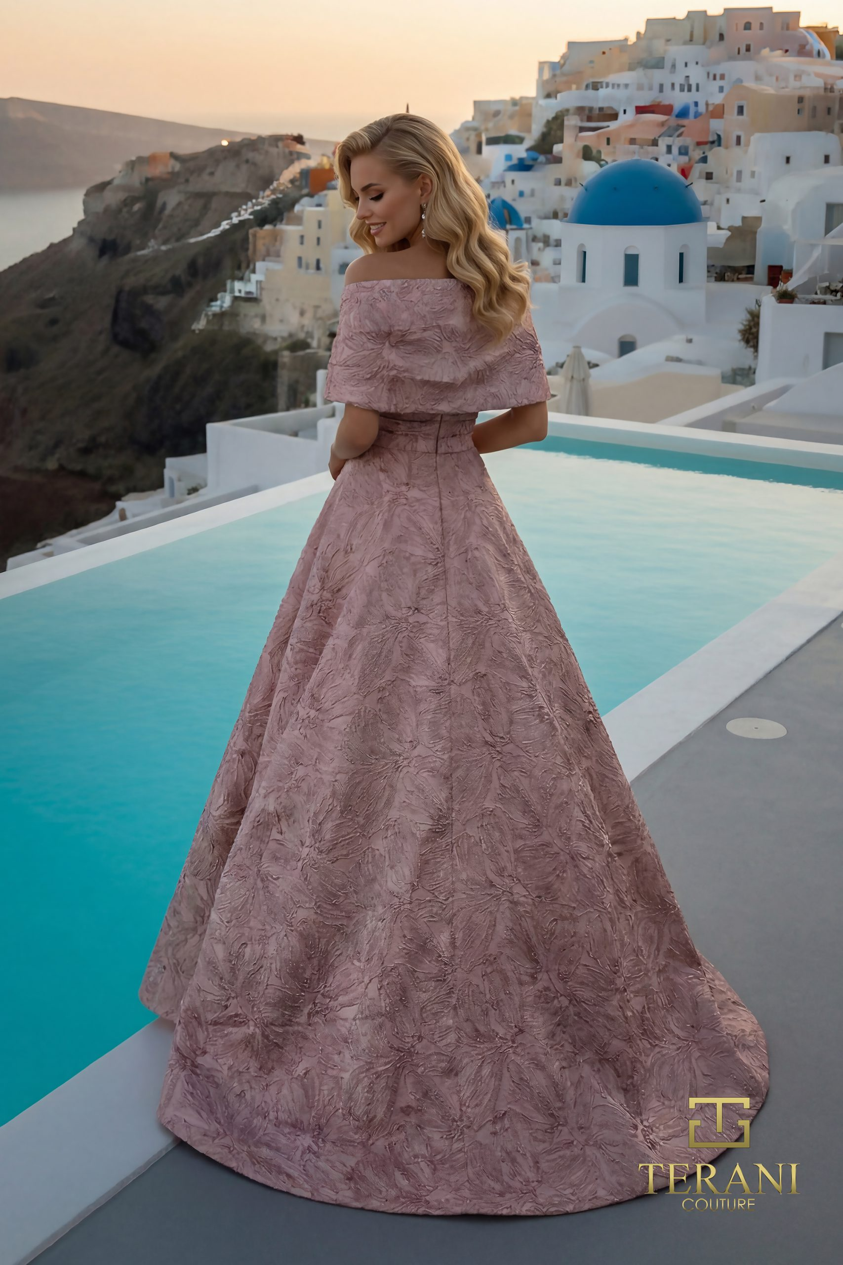 Off-Shoulder Jacquard A-Line Ballgown with Shawl Sleeves