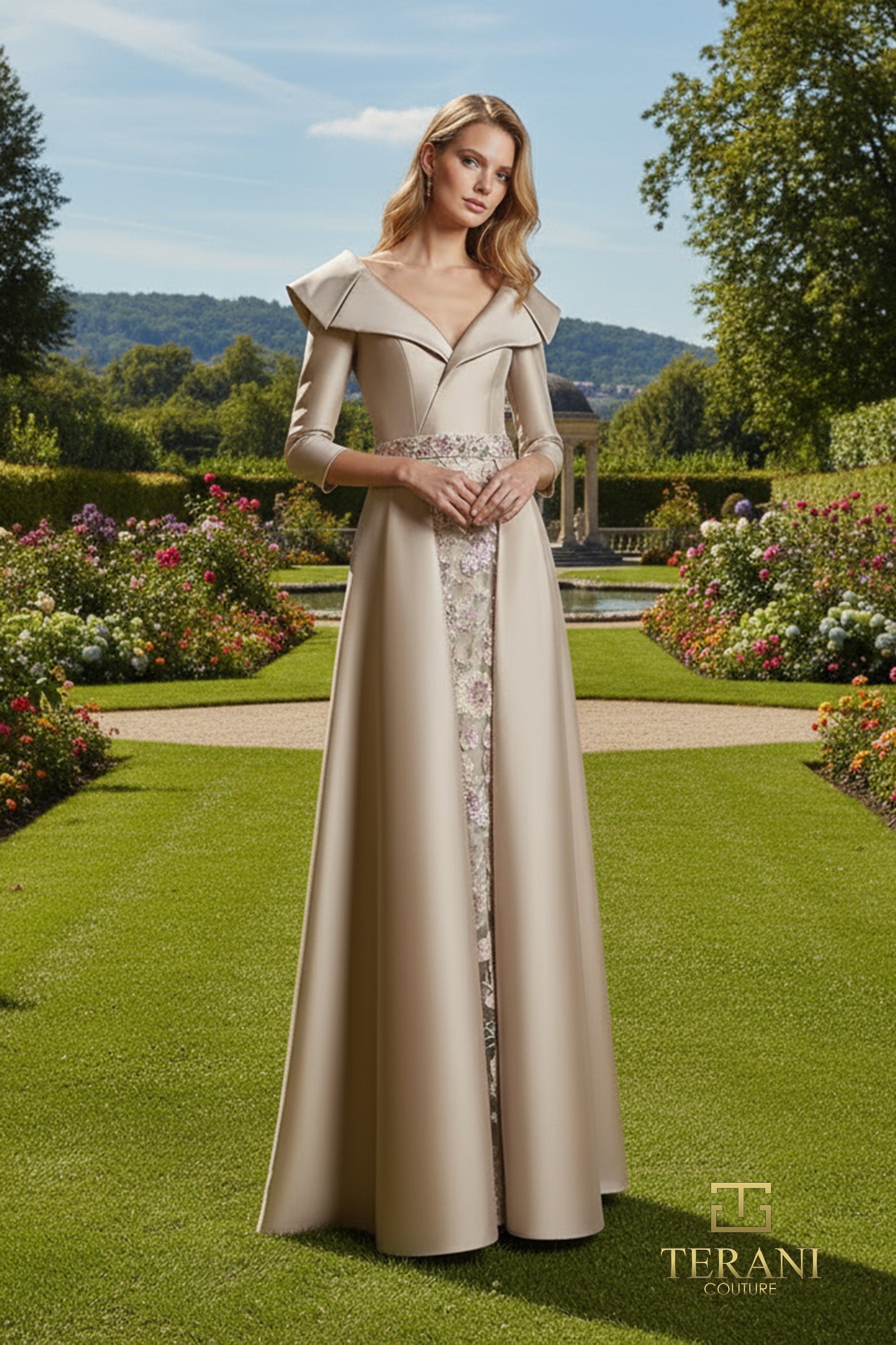 Off-Shoulder Mikado A-Line Gown with Long Sleeves and Slit - 261M6455