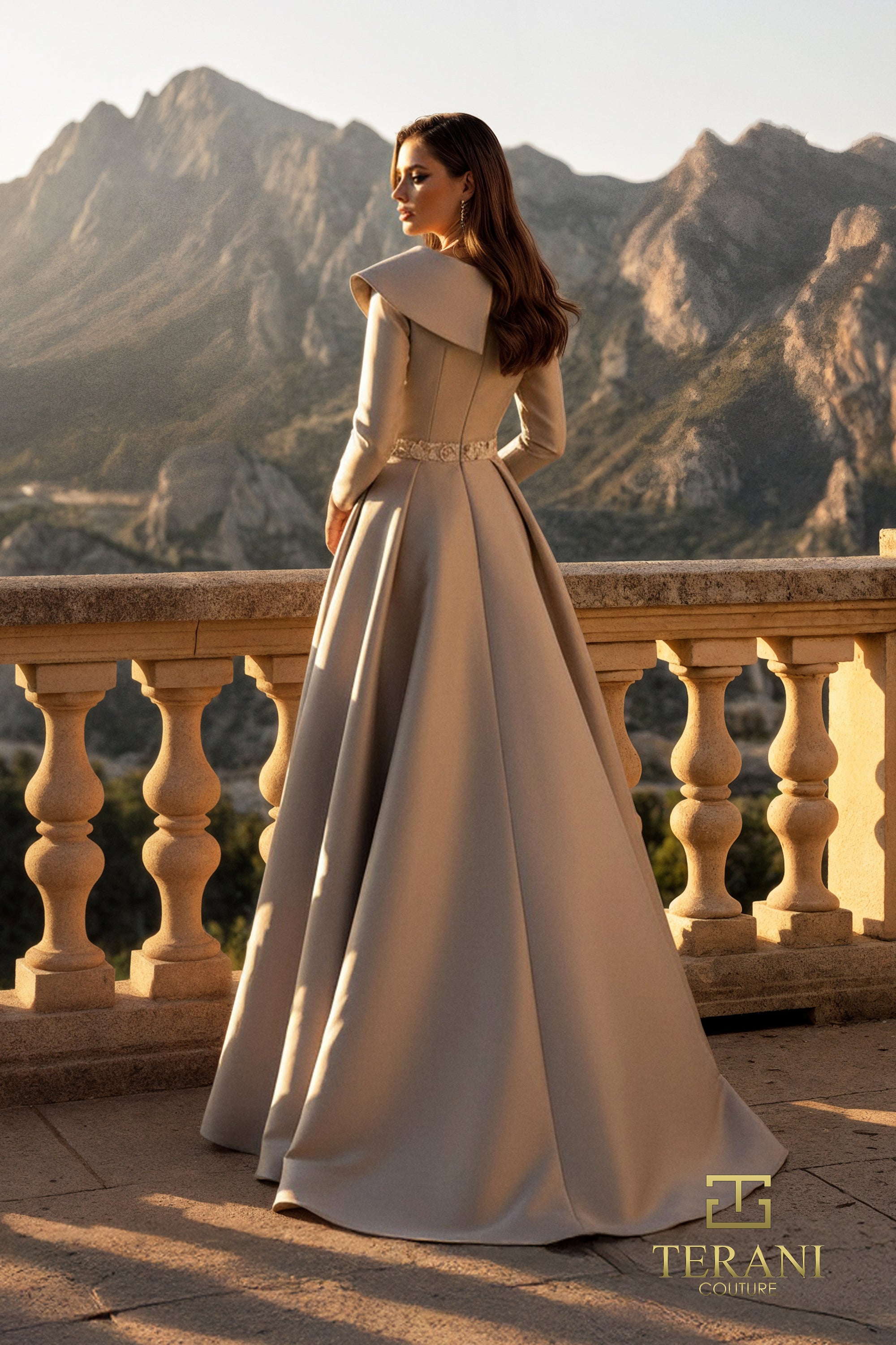 Off-Shoulder Mikado A-Line Gown with Long Sleeves and Slit - 261M6455