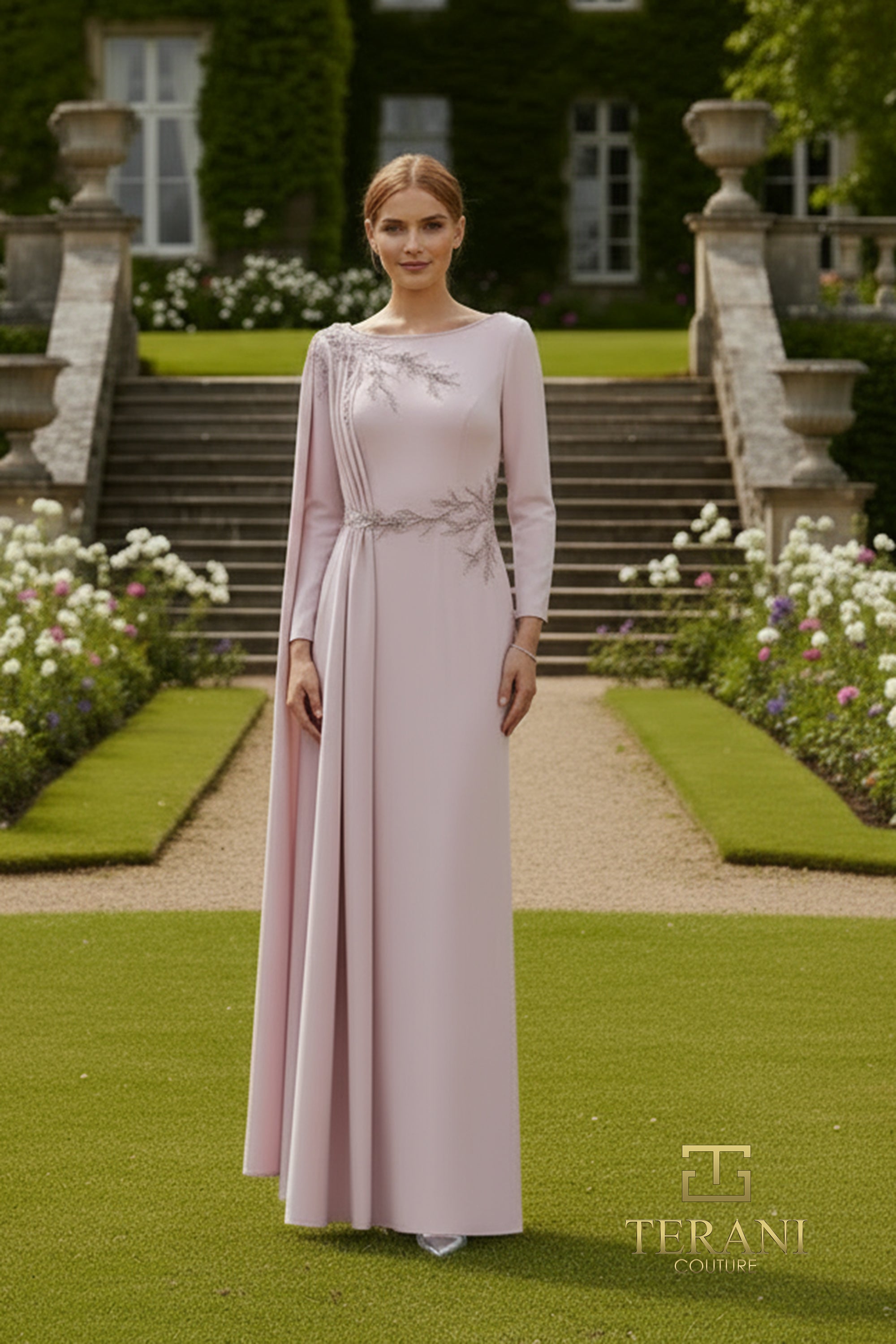 Boat Neck Stretch Twill Sheath Gown with Long Sleeves - 261M6465